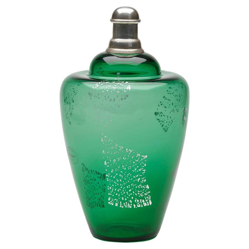 Le Fenice Murano Italian Silver Mounted Green Glass Cologne Bottle For Sale