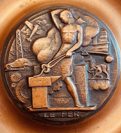 "Le Fer, " Art Deco Sculptural Relief with Blacksmith, Airplane, Oil Derrick