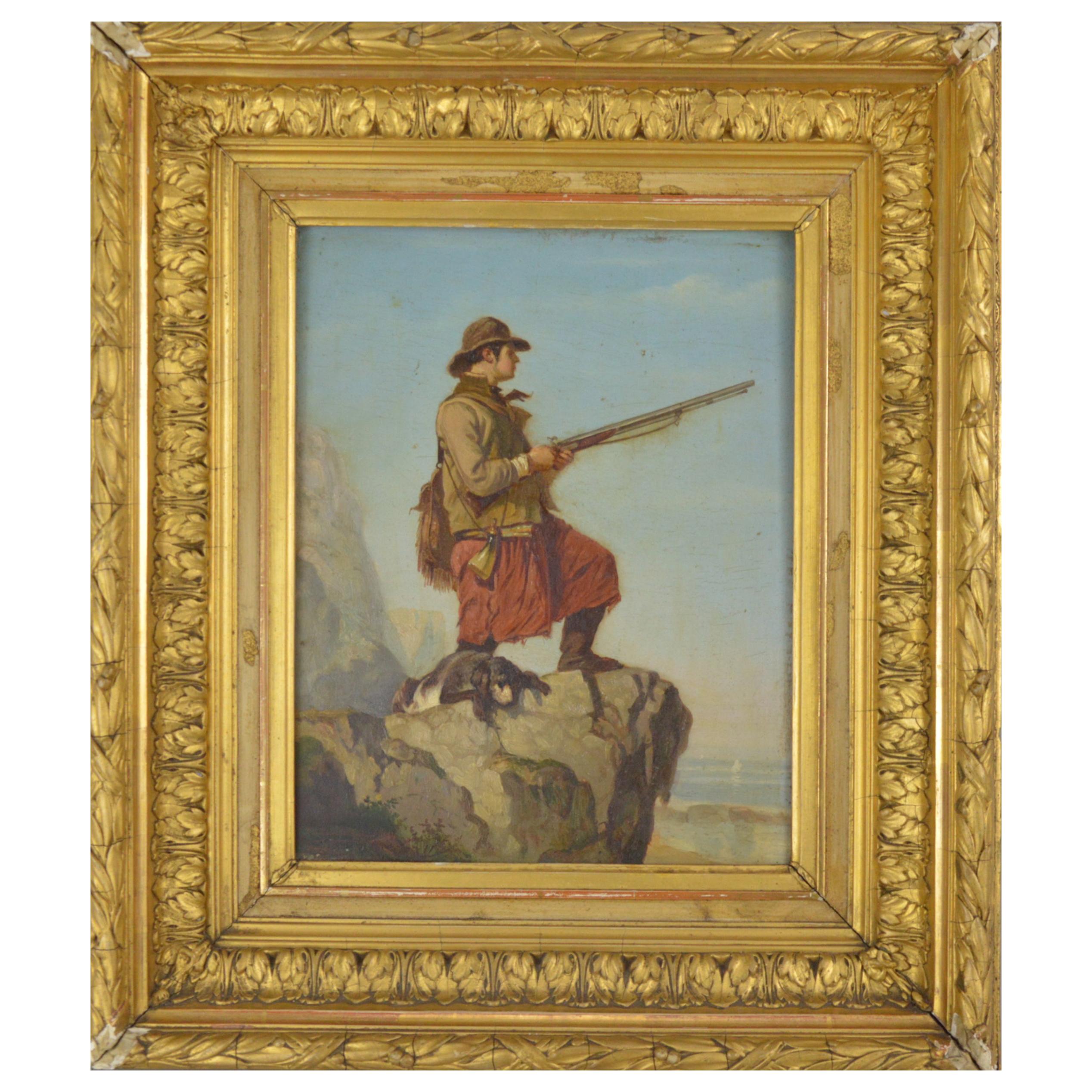 Le Fevere De Tenhove Painting Hunter with a Dog 1884 Belgian School 19th Century For Sale