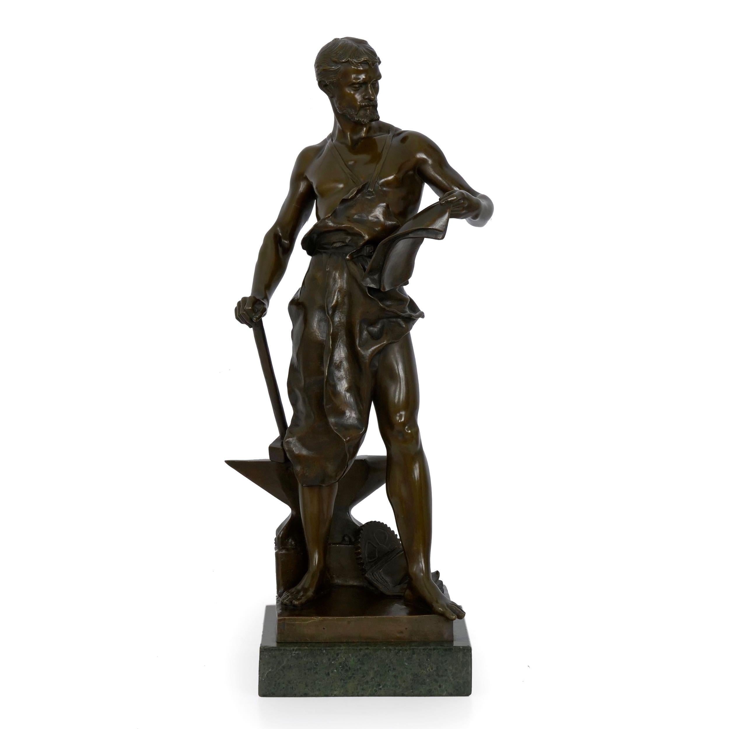 A finely executed study of a blacksmith busy at work in his shop, this exquisite casting by Jean-Baptiste Germain shows inordinate attention to detail with a hammered texture to the surface of the figure's skin throughout. Crisp chiseling of the