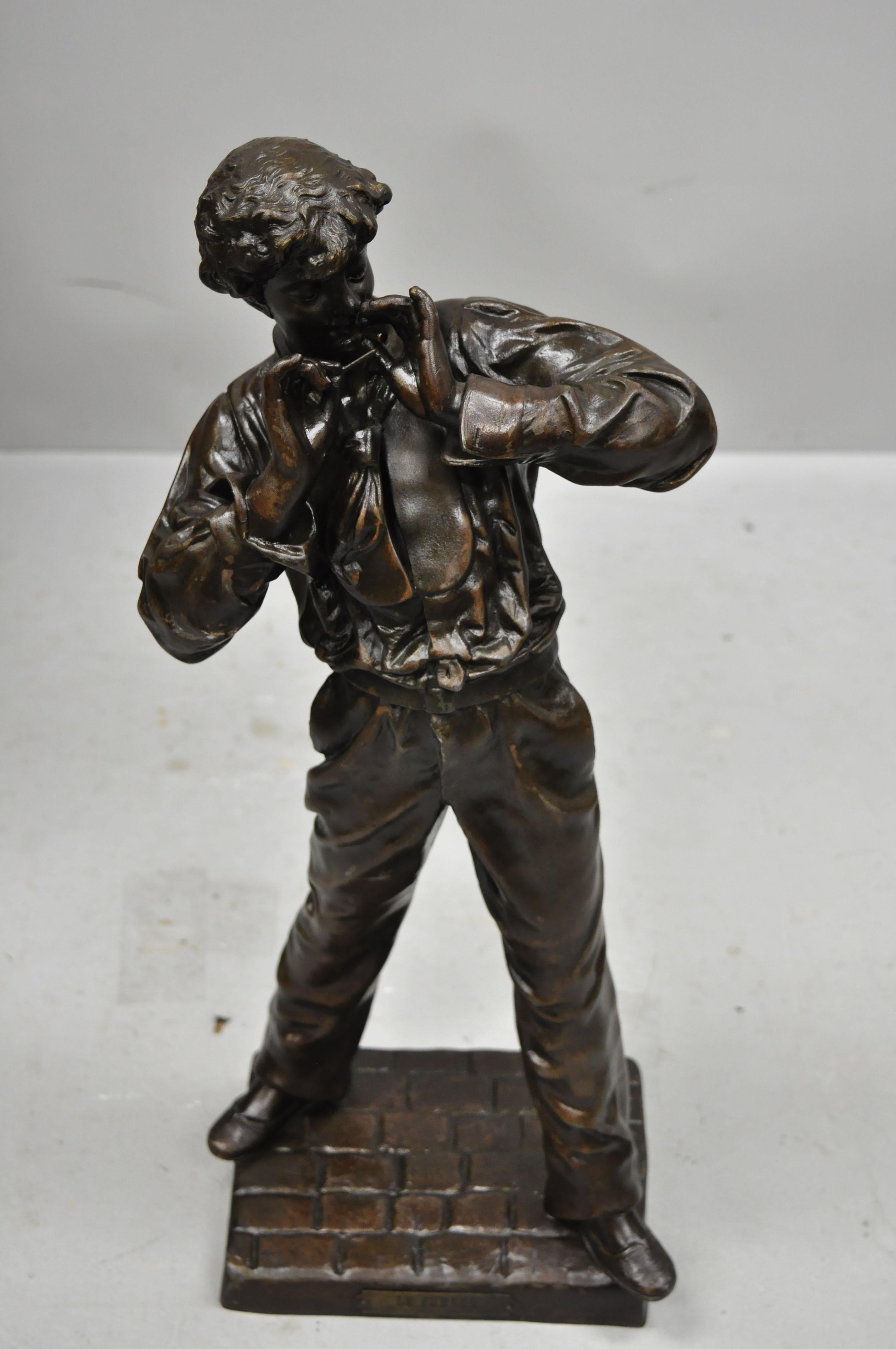 Le Fumeur French Spelter Statue Sculpture of Young Man Smoking by Charles Masse For Sale 3