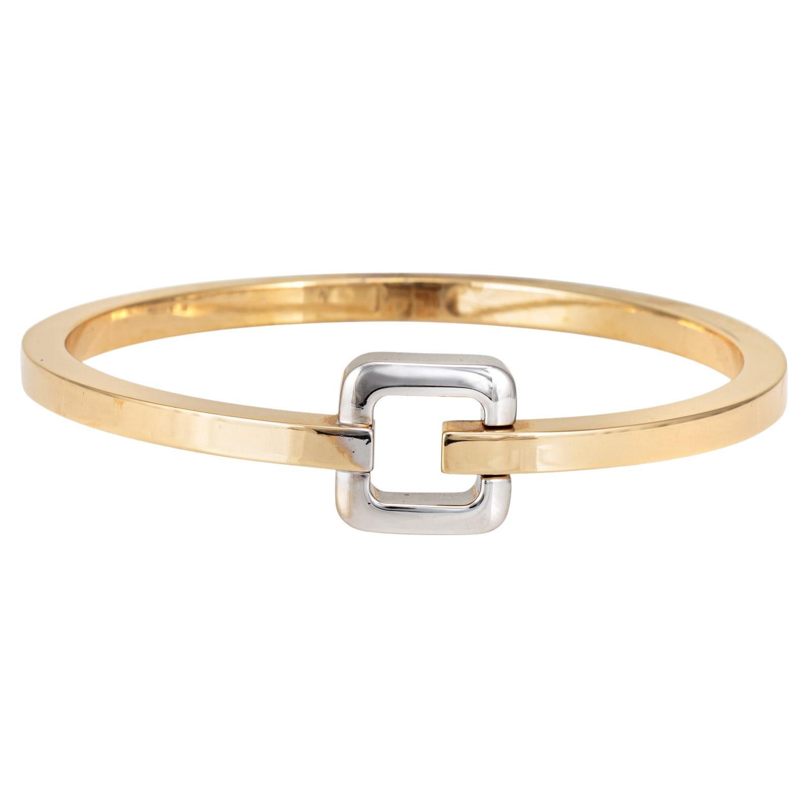 Le Gi Two Tone Bangle Bracelet 14k Yellow Gold Square Estate Fine Stacking 6.5" For Sale