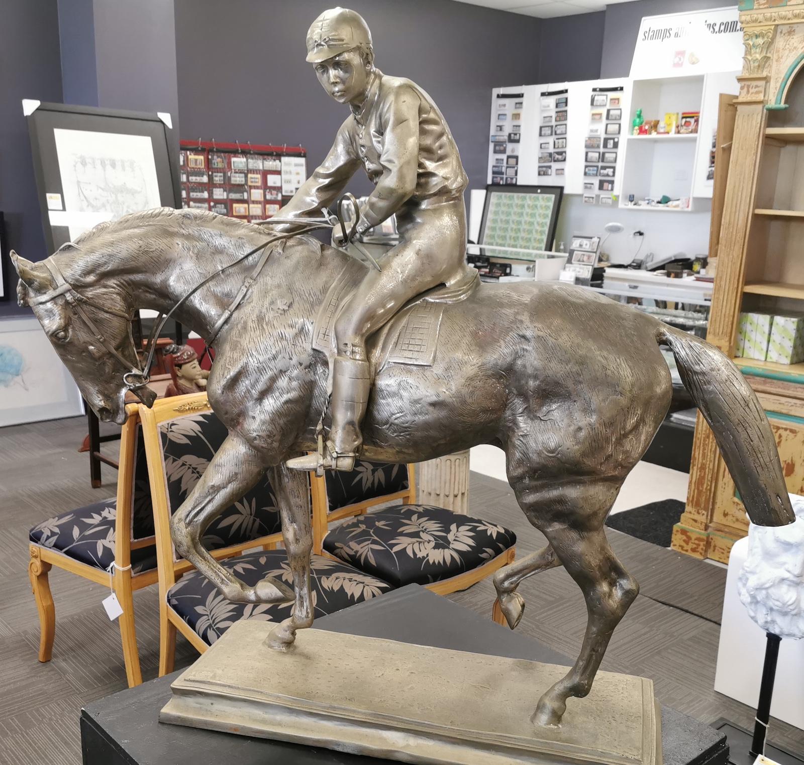 Le Grande Jockey, Isidore-Jules Bonheur (1827-1901) replica bronze sculpture.
Bonheur regularly exhibited at the Paris Salons. He specialised in animalier sculptures with a special emphasis on horse bronzes. He exhibited both paintings and bronzes