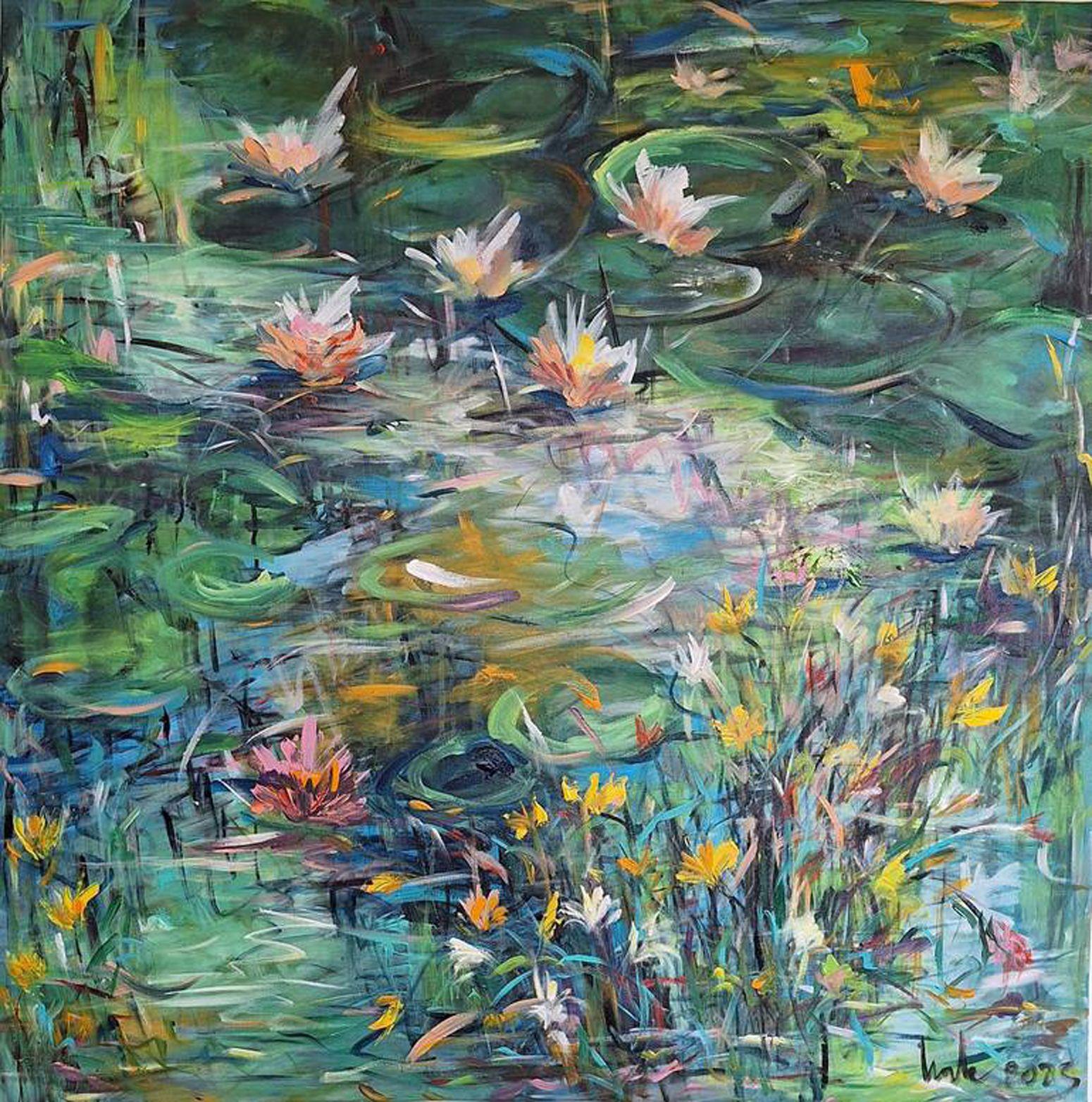 floraison dans le lac, peinture, acrylique sur toile