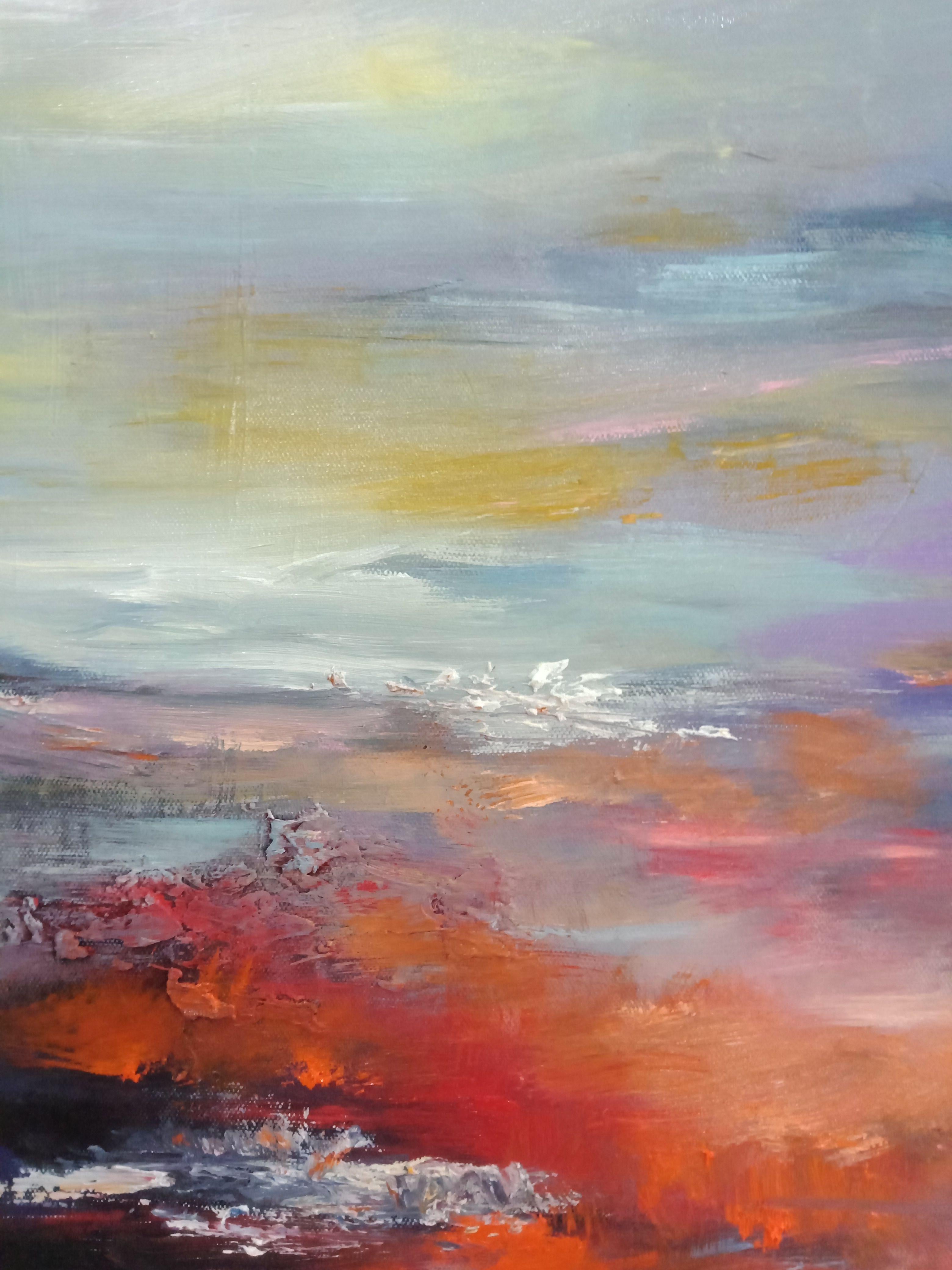 La luce dell'alba, le emozioni dei colori dell'artista nel dipinto mostrano la positività, l'ottimismo e le speranze sono accese per un buon inizio di giornata. Il dipinto astratto del paesaggio marino con il colore rosso contrastante fa una forte