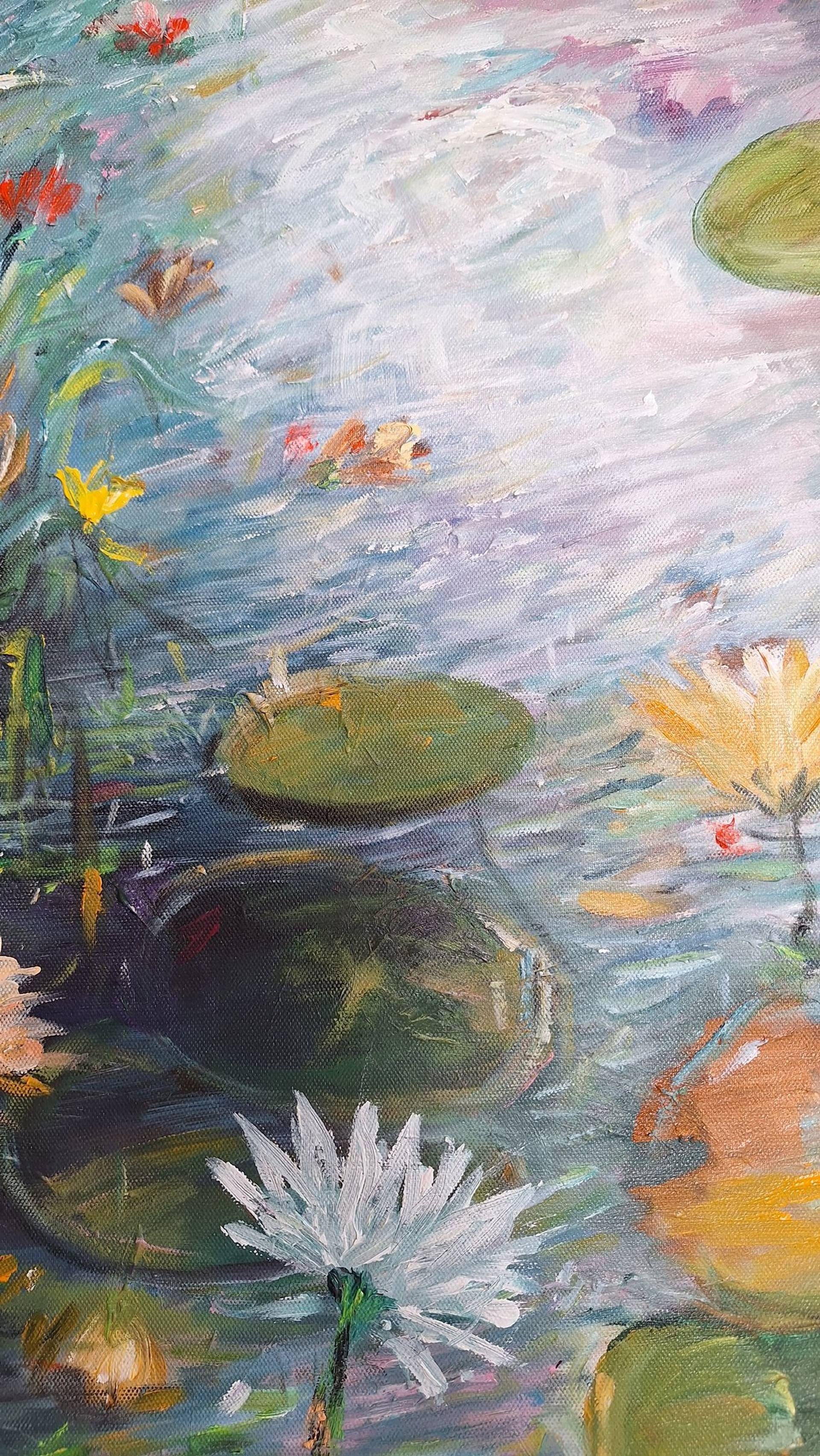 Morgenbild mit Seerosen, Gemälde, Acryl auf Leinwand im Angebot 1