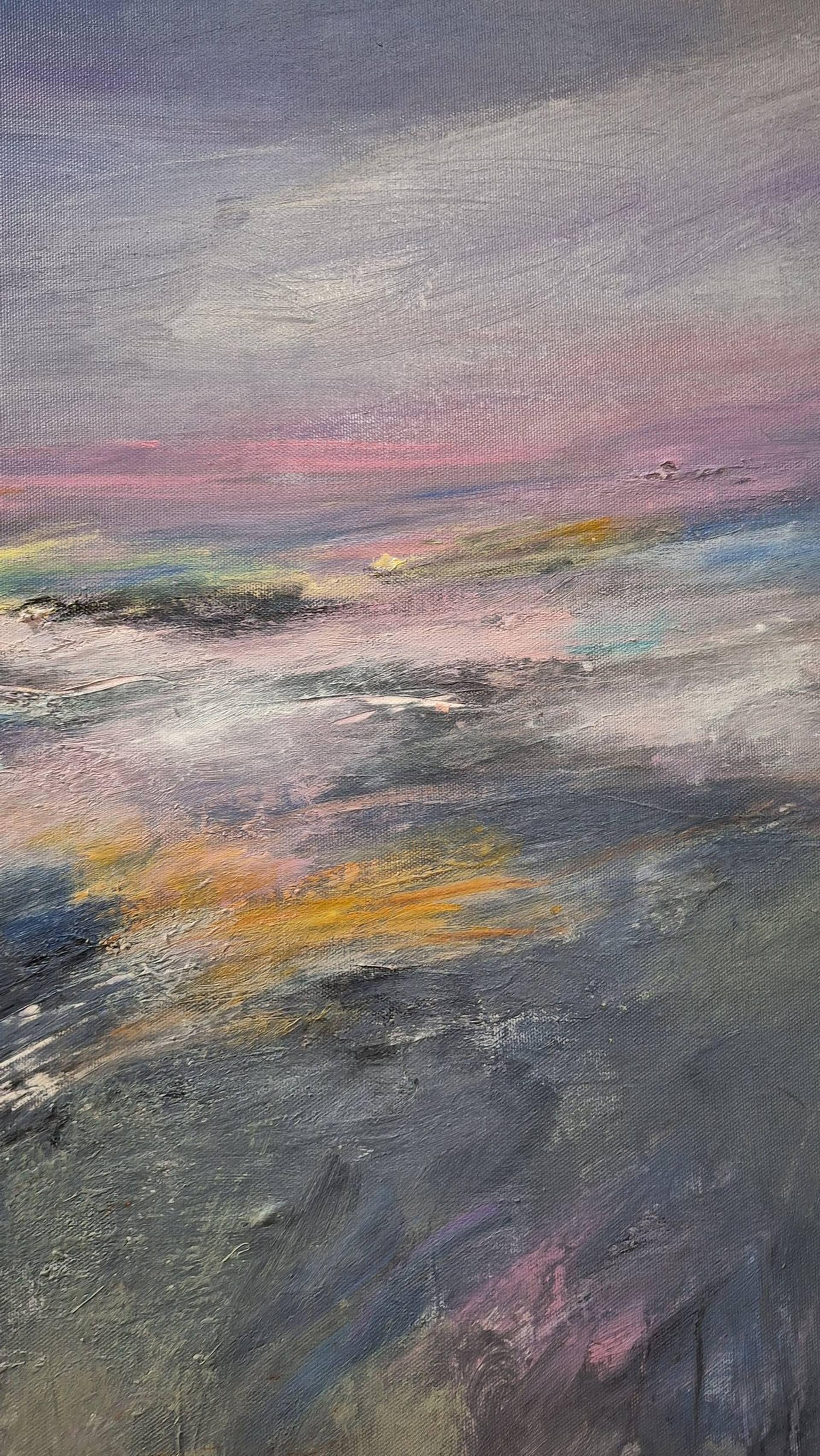 Das Gemälde ist die Gefühle des Künstlers vor der Natur, die Meeresoberfläche in einem rosa Sturm, hat ein wenig Liebe im Sinn, hat der Künstler eine Mischung aus Natur, Atmosphäre mit der aktuellen Stimmung.  Acrylmalerei, Leim auf der Oberfläche,