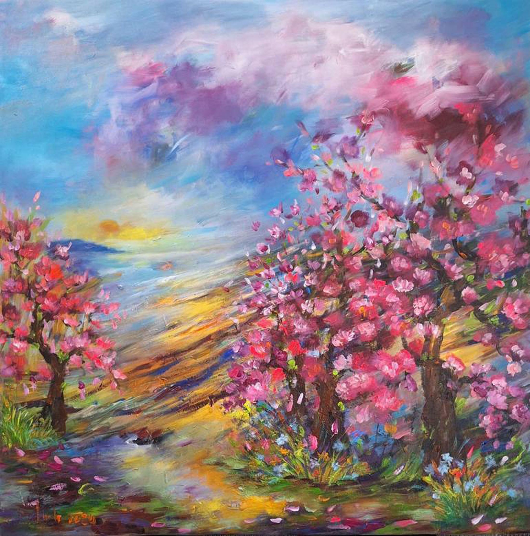 In this passionate dance of acrylics, I've melded abstract and impressionistic touches to capture the essence of a coastal awakening. The blossoms, infused with vibrant pinks, convey life's vivid renewal. Warmth radiates from the sunset's embrace,