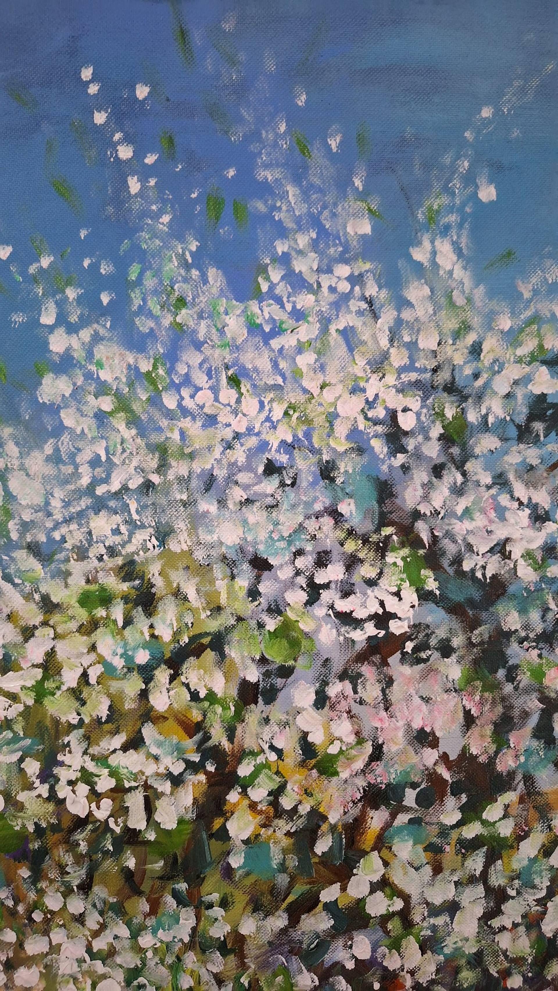 two white cherry trees, Painting, Acrylic on Canvas For Sale 2
