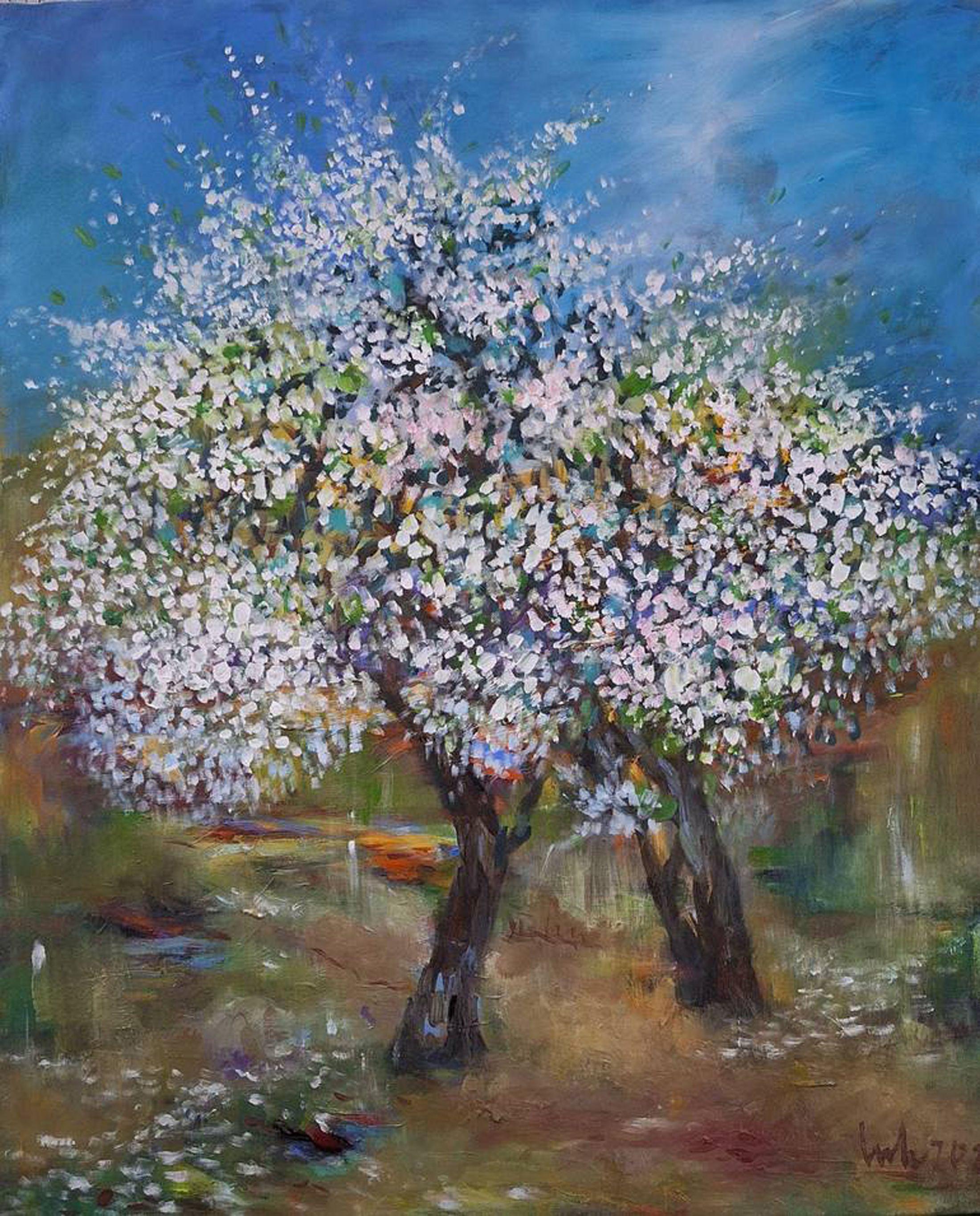 two white cherry trees  In a series of works about cherry blossoms in many different settings, by the lake, by the sea, in the forest or in the mountains, the artist has conveyed to viewers emotions in different spaces. No matter where you are, in