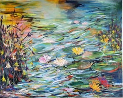 Wild flowers by the lake 80_100cm, Painting, Acrylic on Canvas