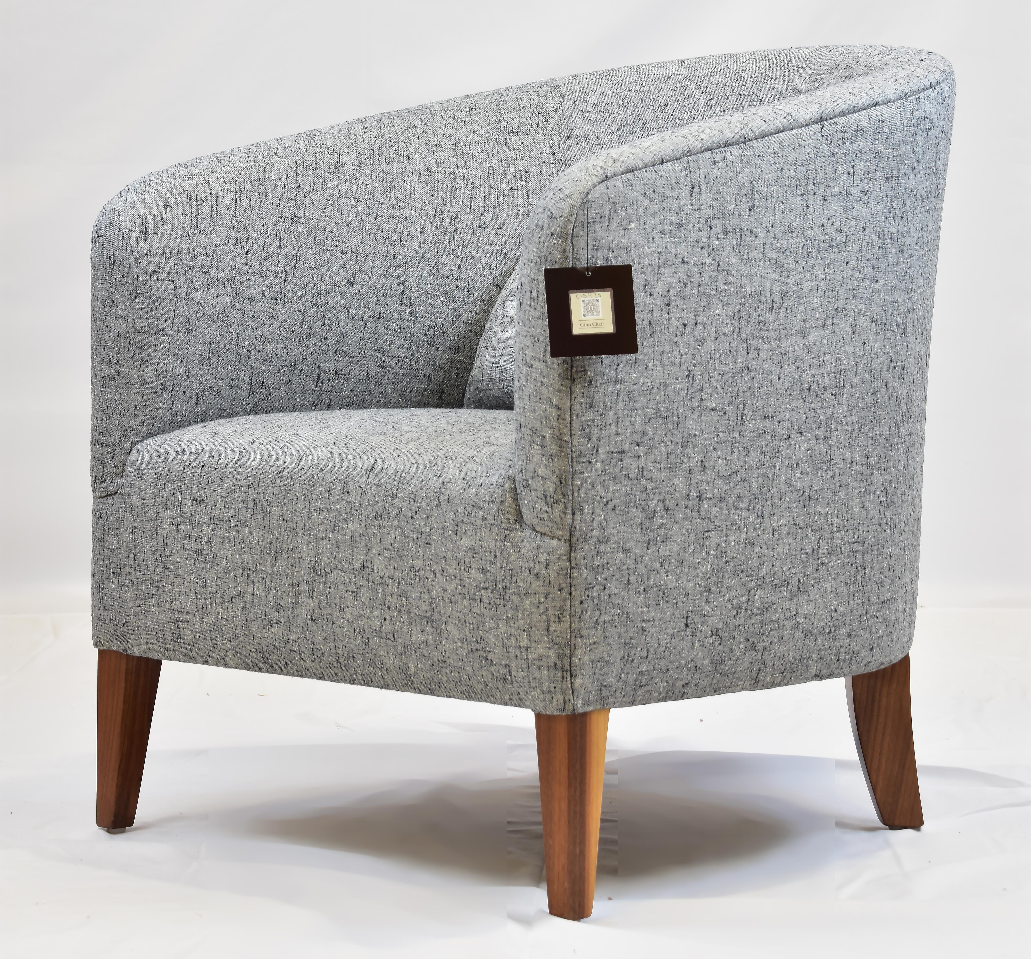 Hardwood Le Jeune Upholstery Gino Barrel Back Club Chair Showroom Model For Sale