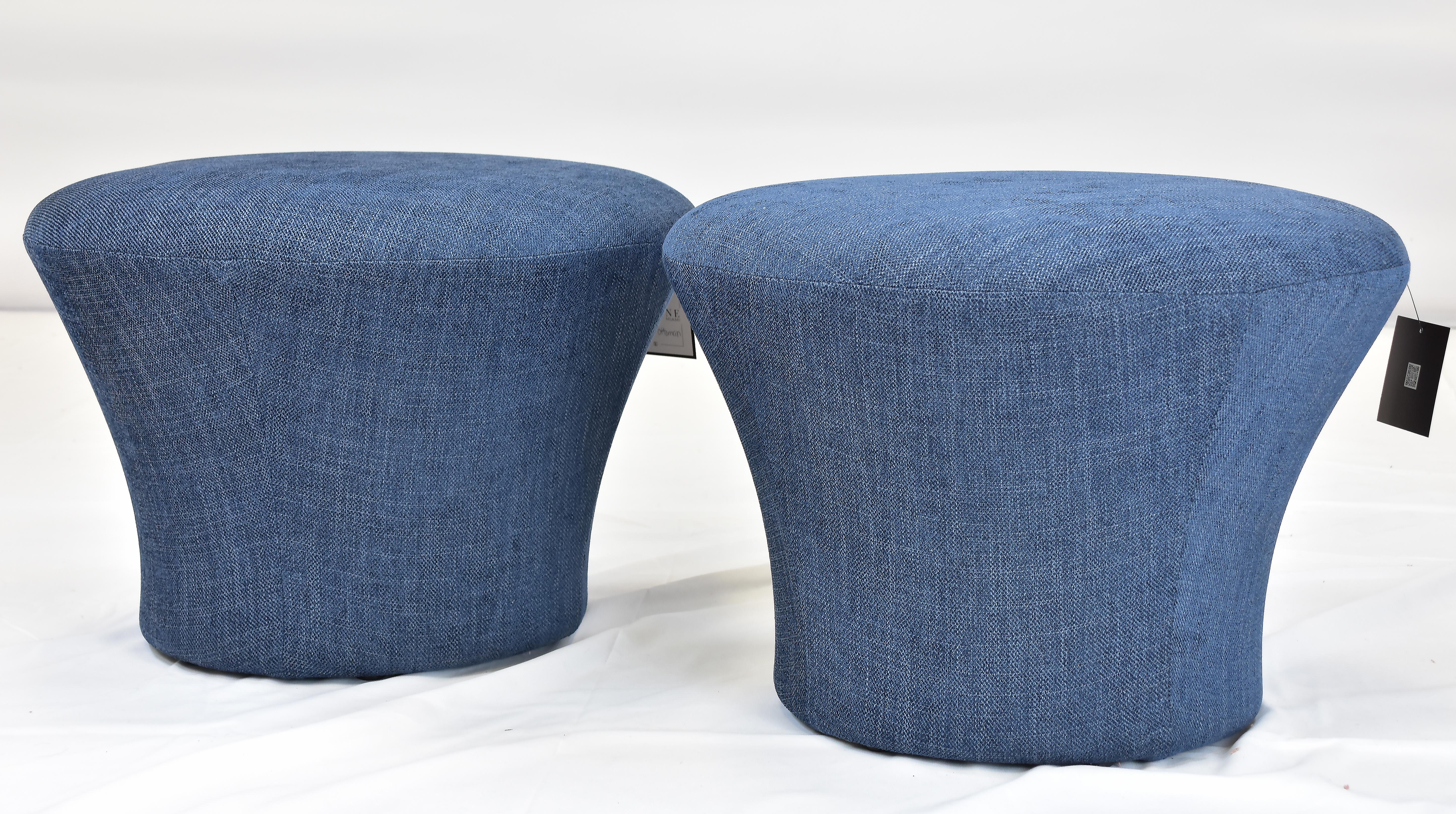 Le Jeune Upholstery Indigo Ottoman Showroom Model, Per Item

Offered for sale individually are Le jeune Upholstery INDIGO O5/06 .923	Ottomans that are showroom models.	 This is a very classic mushroom-styled ottoman with a reduced scale that can be