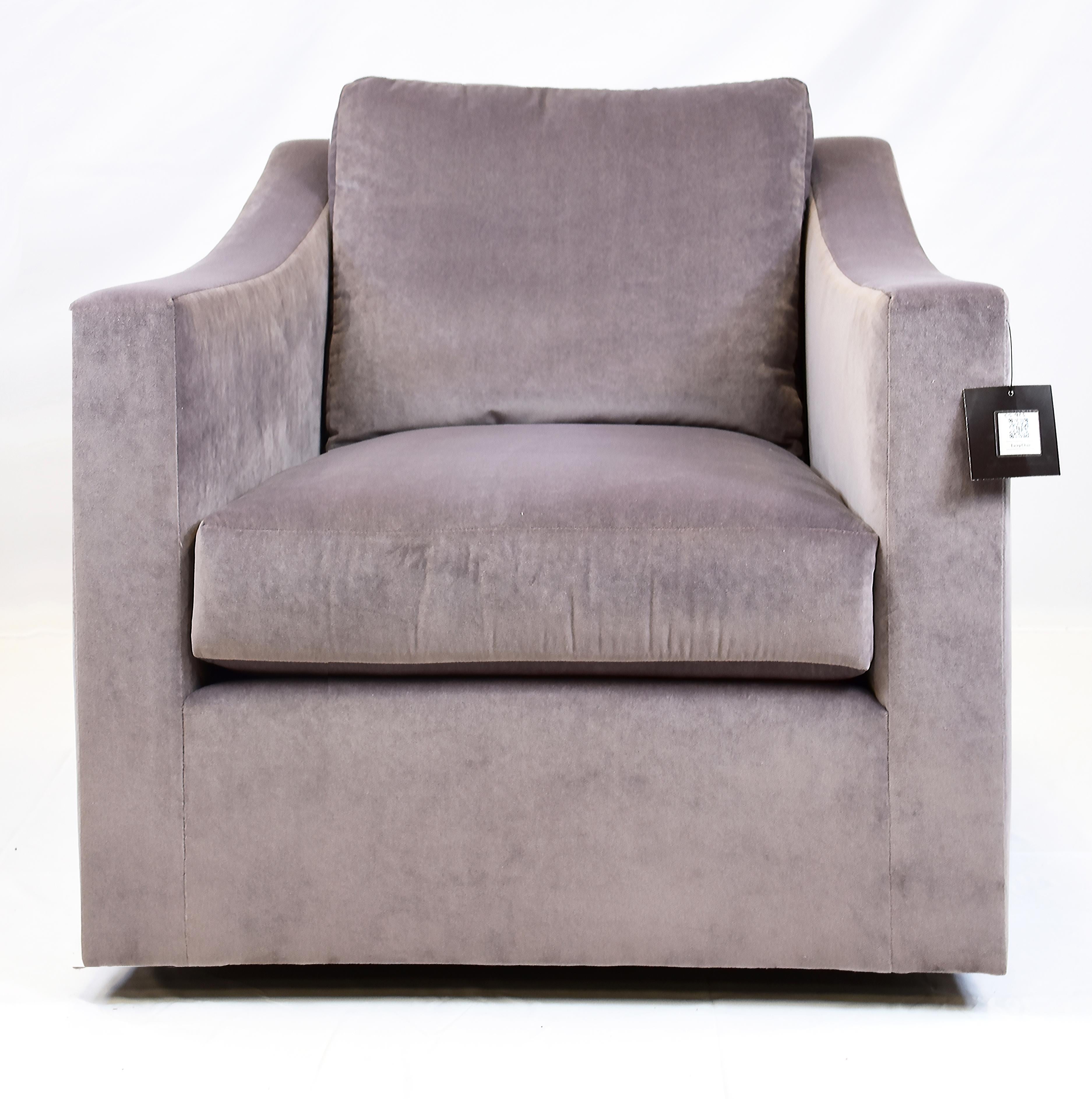 Le Jeune Upholstery Lacey Swivel Lounge Chair Showroom Model

Offered for sale is a Le Jeune Upholstery LACEY swivel lounge chair showroom model in a light lavender.	This chair is a medium-scaled swivel lounge chair that works well as a pair when