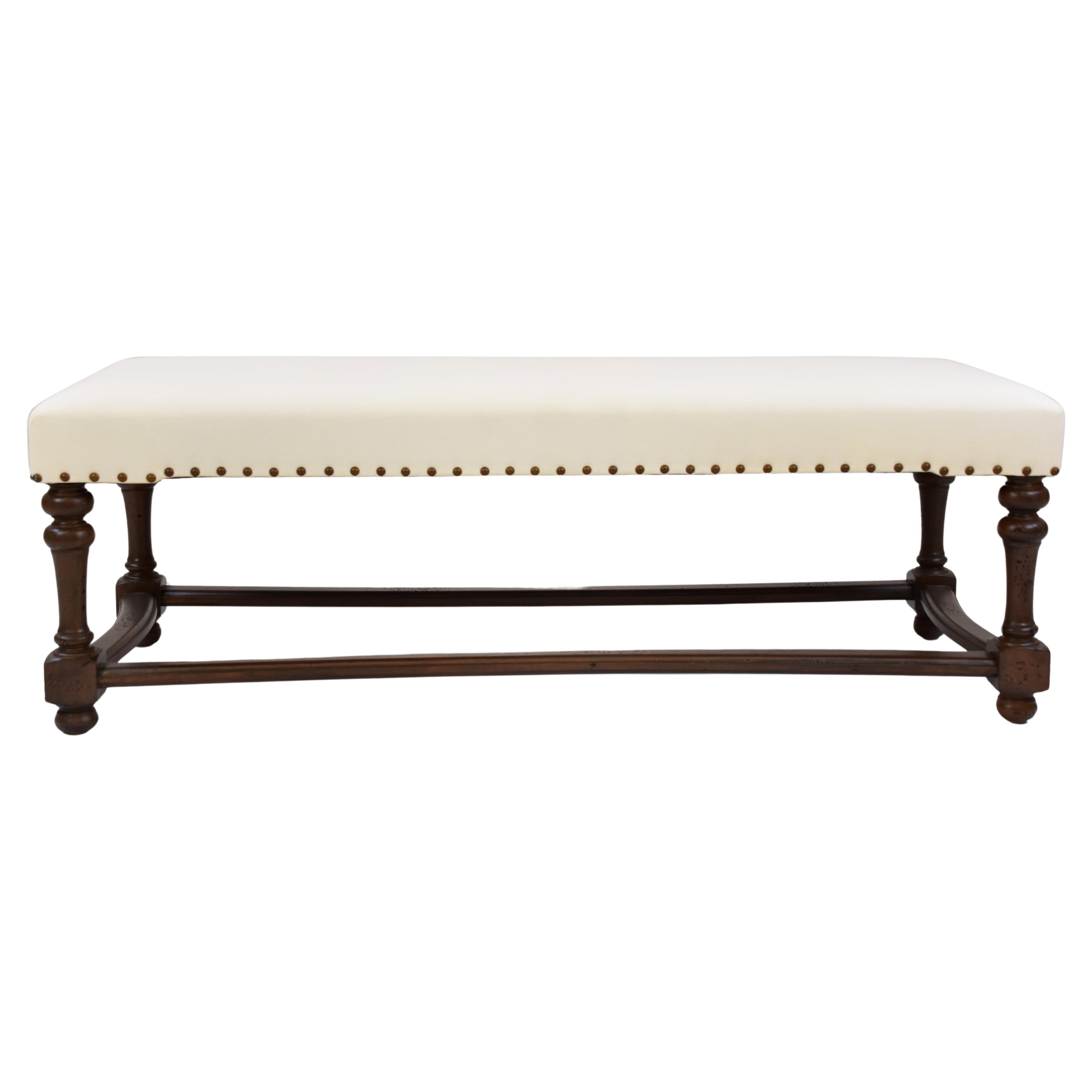 Le Jeune Upholstery Makana Bench Showroom Model with Nail Heads, Ivory Linen For Sale