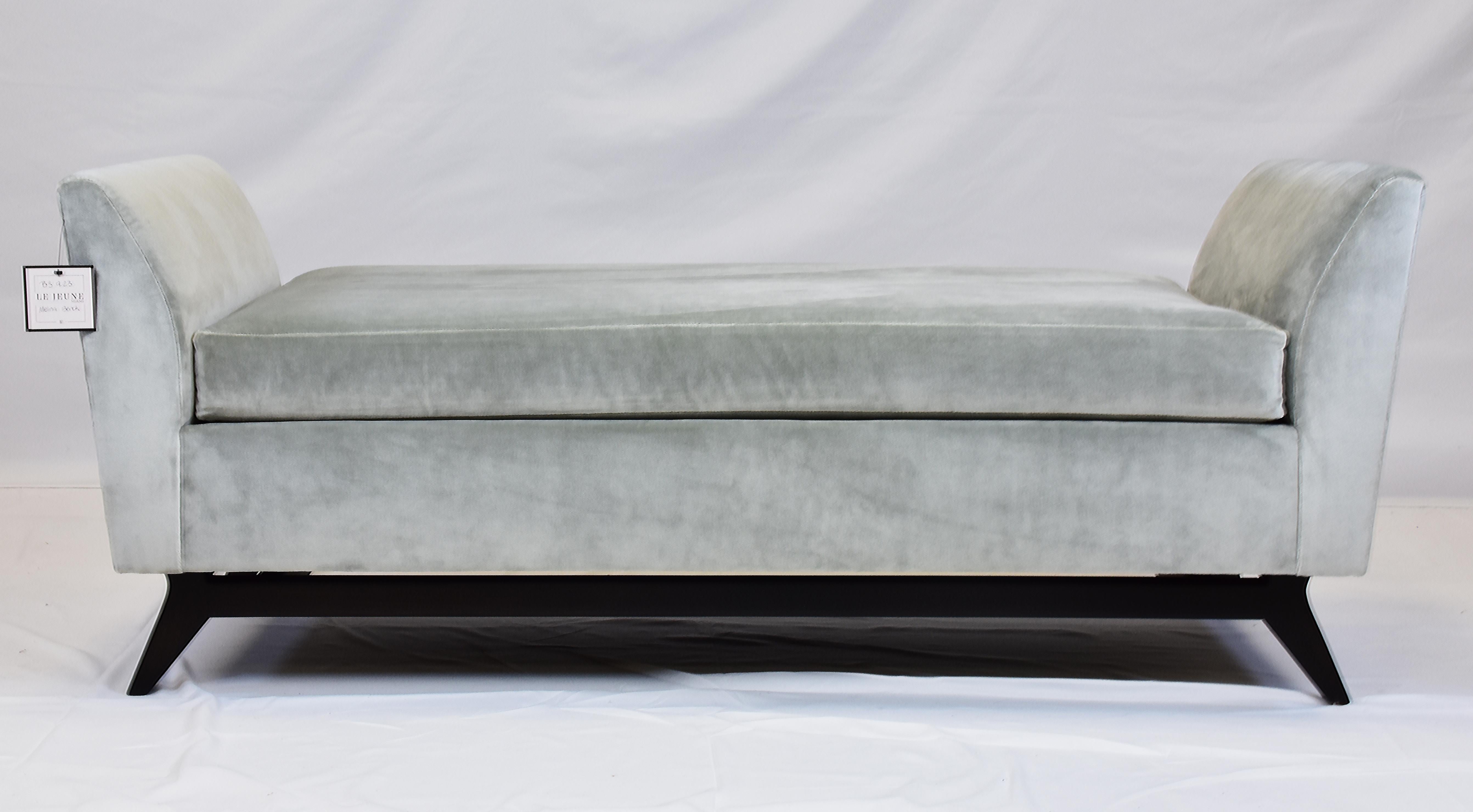 Mid-Century Modern Le Jeune Upholstery Melina Bench Showroom Model in Velvet and Walnut For Sale