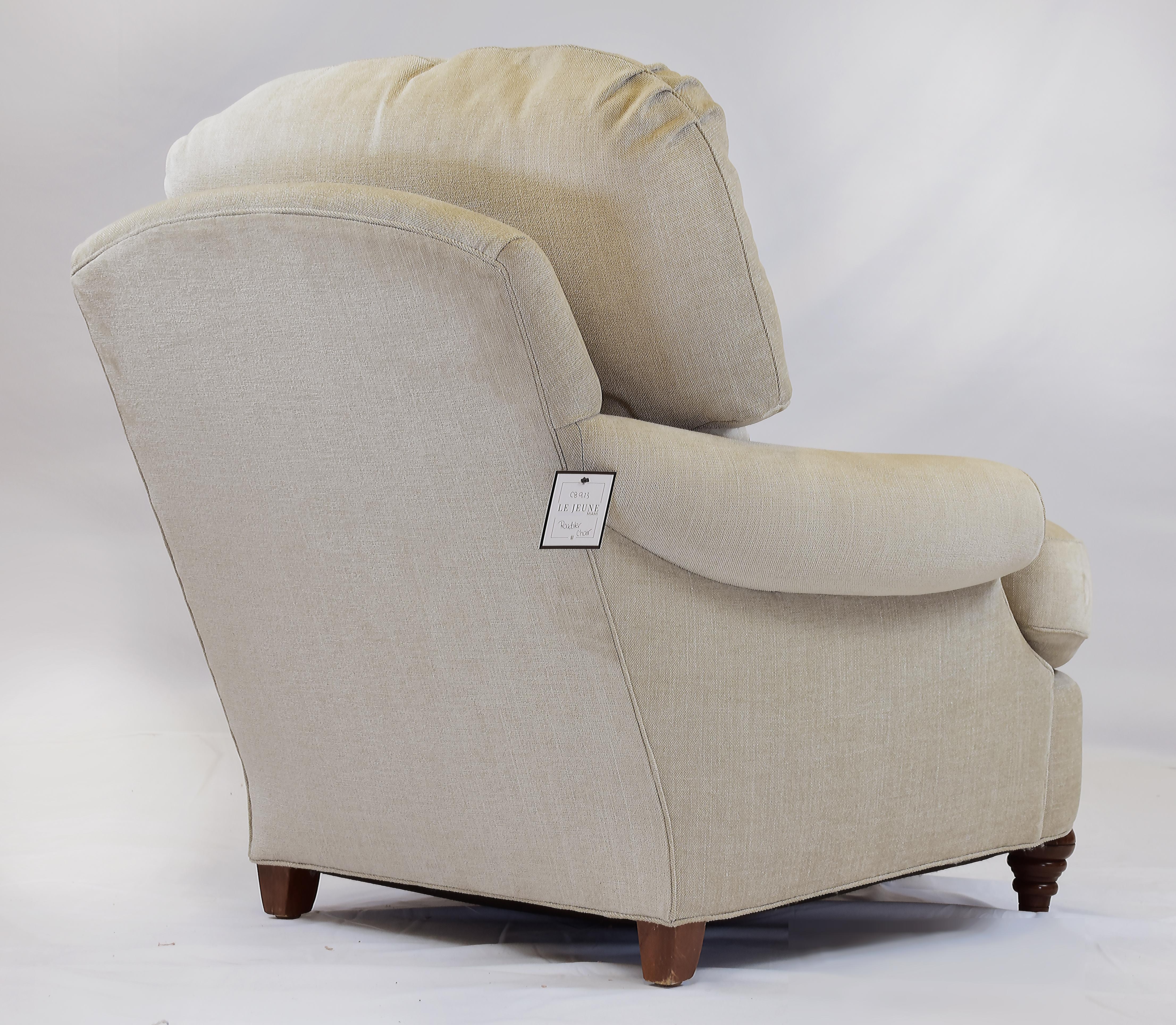 Turned Le Jeune Upholstery Roadster Lounge Chair Showroom Model in Chenille For Sale