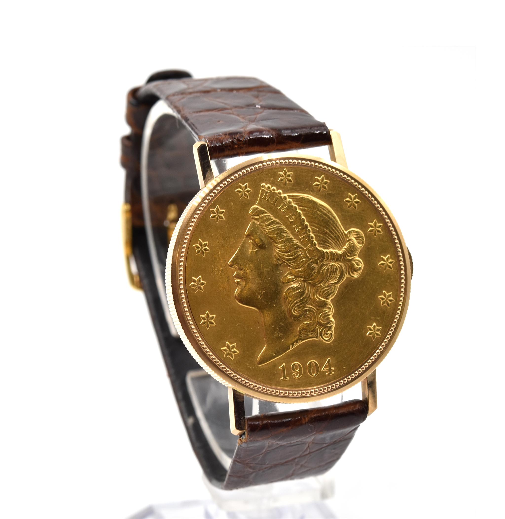 Movement: manual wind
Function: hours, minutes
Case: 34mm, plastic crystal, winding crown, flip top 
Dial: gold with black Roman numerals
Band: brown leather strap with gold-tone buckle

No box or papers.
Guaranteed to be authentic by seller.
