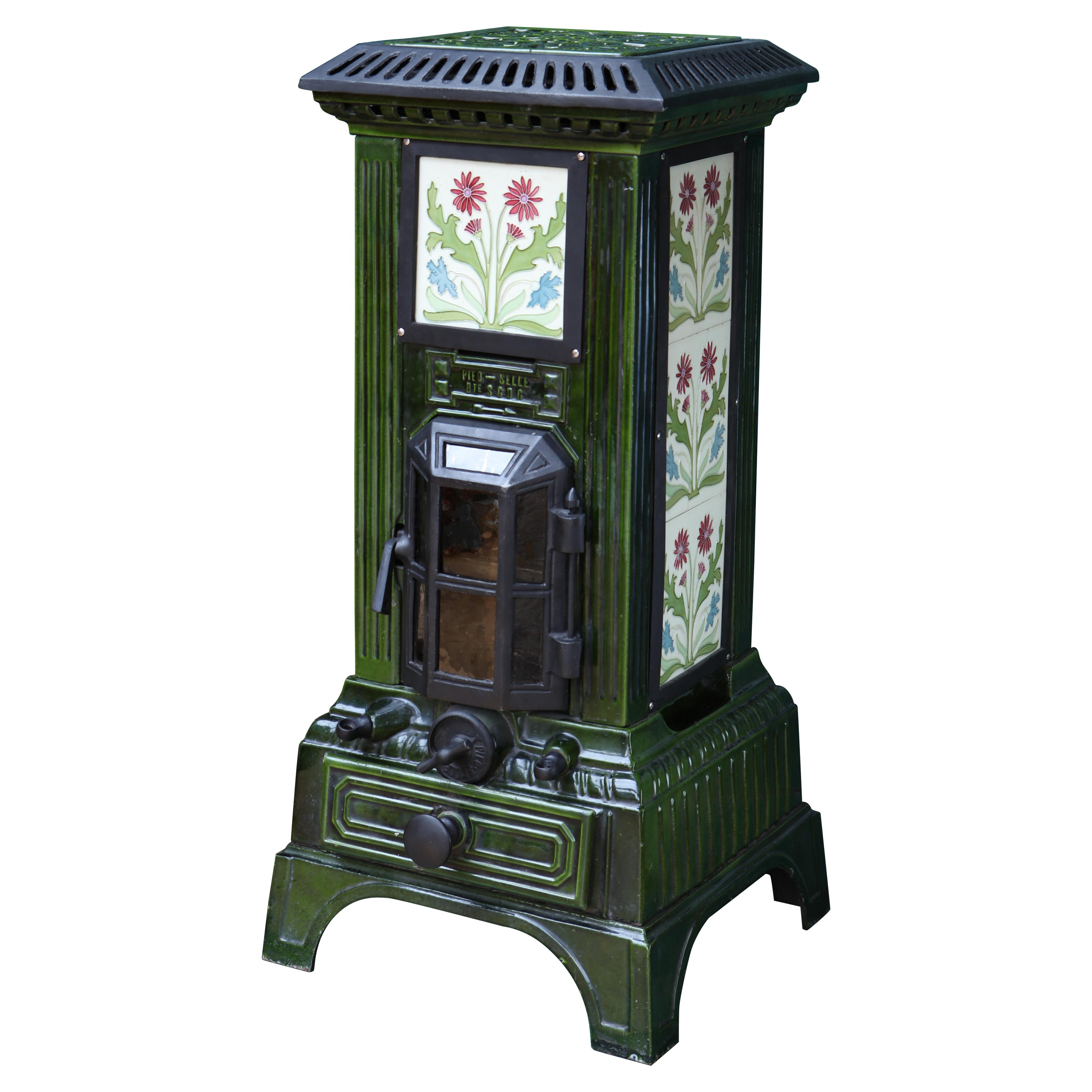 "Le Lion" Multi Fuel Cast Iron Stove by Pied Selle - Art Nouveau Floral Tiles