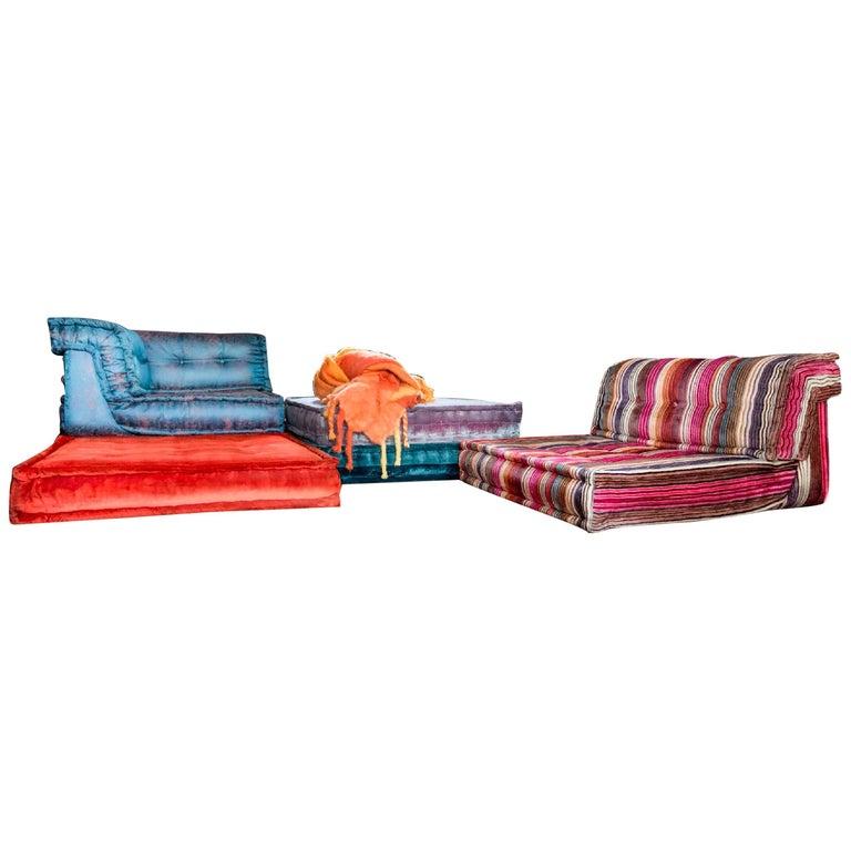 Mah-Jong modular sofa set by Hans Hopfer, designed in 1971 for Roche Bobois and a textile from the house of Missoni. This listing is for a set of two mah Jong elements as follows: a square cushion element and a straight back element. Hopfer’s Mah