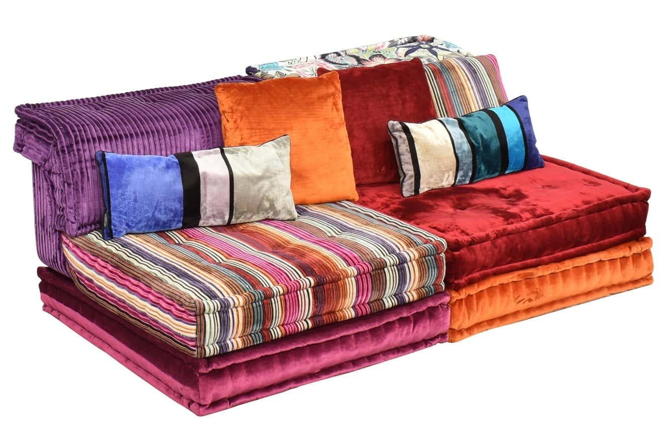 Mah Jong modular sofa set by Hans Hopfer, designed in 1971 for Roche Bobois and in a current customized mix of textiles from Sonia Rykiel and the house of Missoni. Features multiple cushions that can be arranged in endless number of ways Mix and