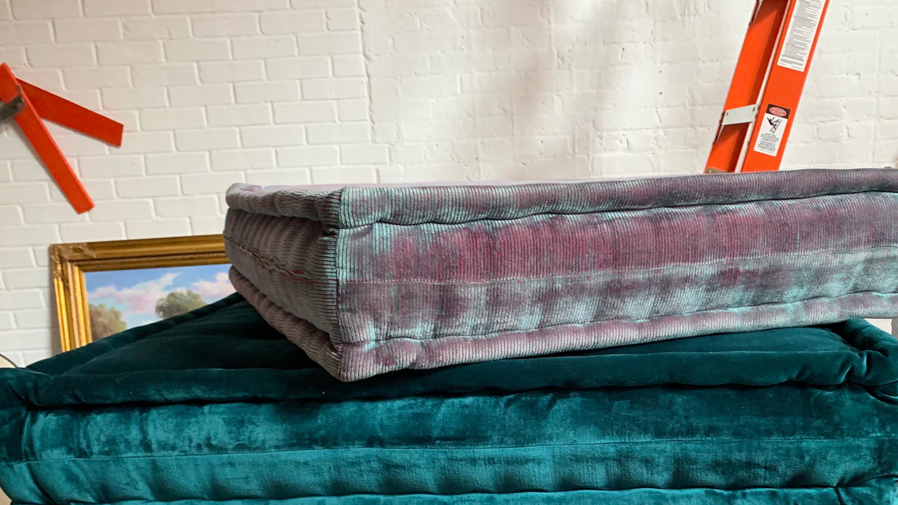 Mah-Jong modular sofa square cushion set by Hans Hopfer, designed in 1971 for Roche Bobois and textiles from the house of Missoni. Features two square cushions (teal velvet and blue/pink silk corduroy) that can be arranged in a number of ways