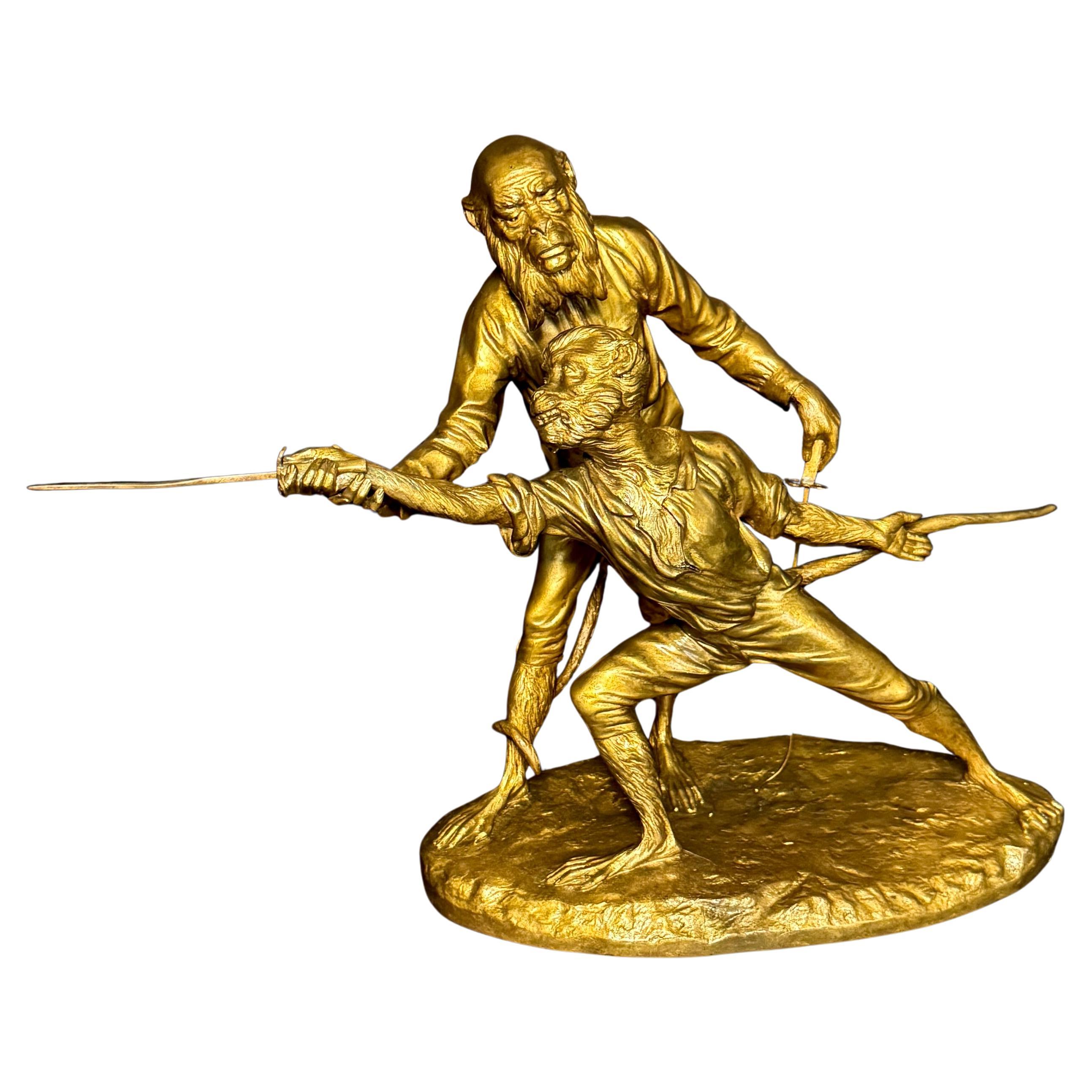 “Le Maître d’Armes” Gilt Bronze Figural Group by Henri Émile Allouard For Sale