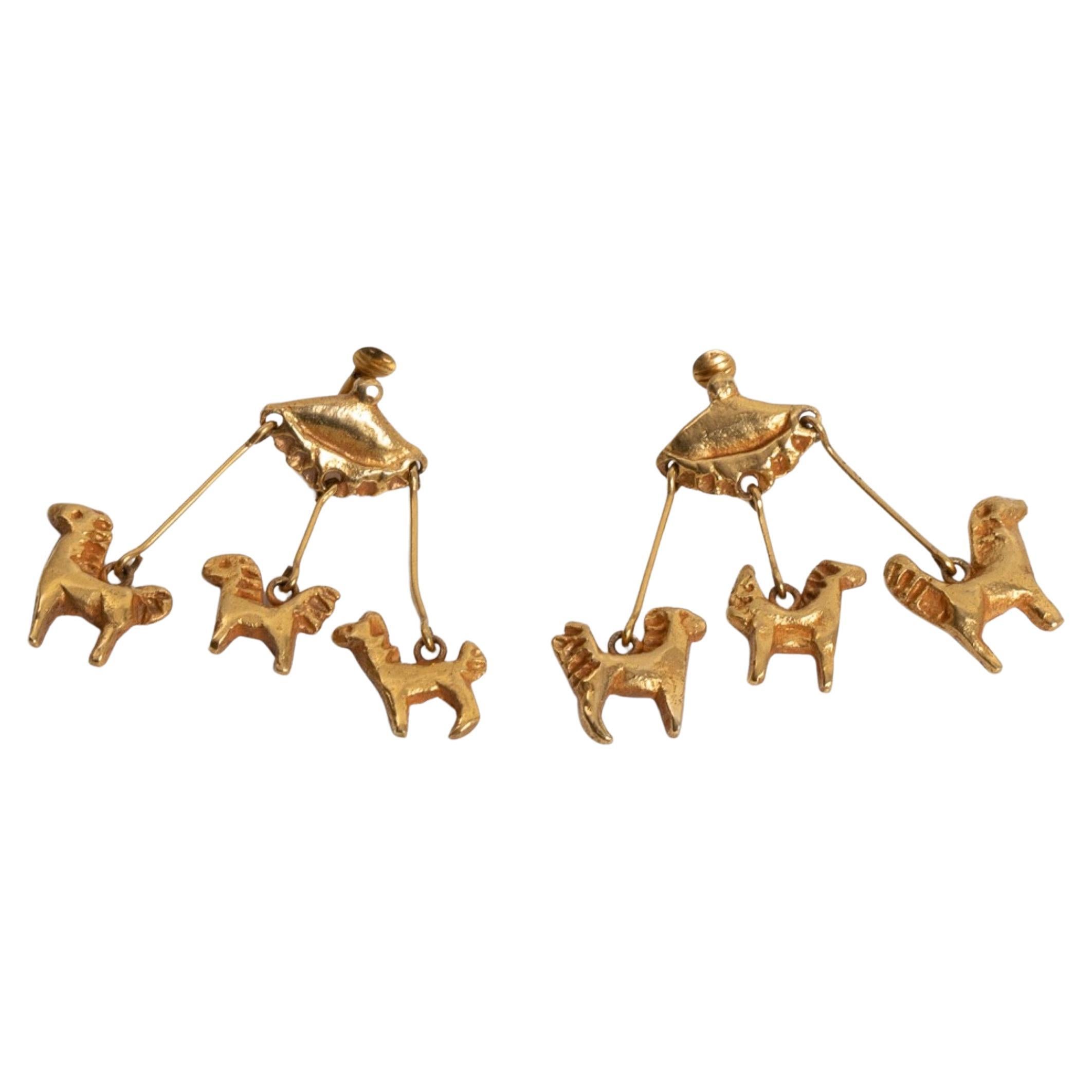 Le Carrousel 'the Merry-go-round' by Line Vautrin, Pair of Gilt Bronze Earrings