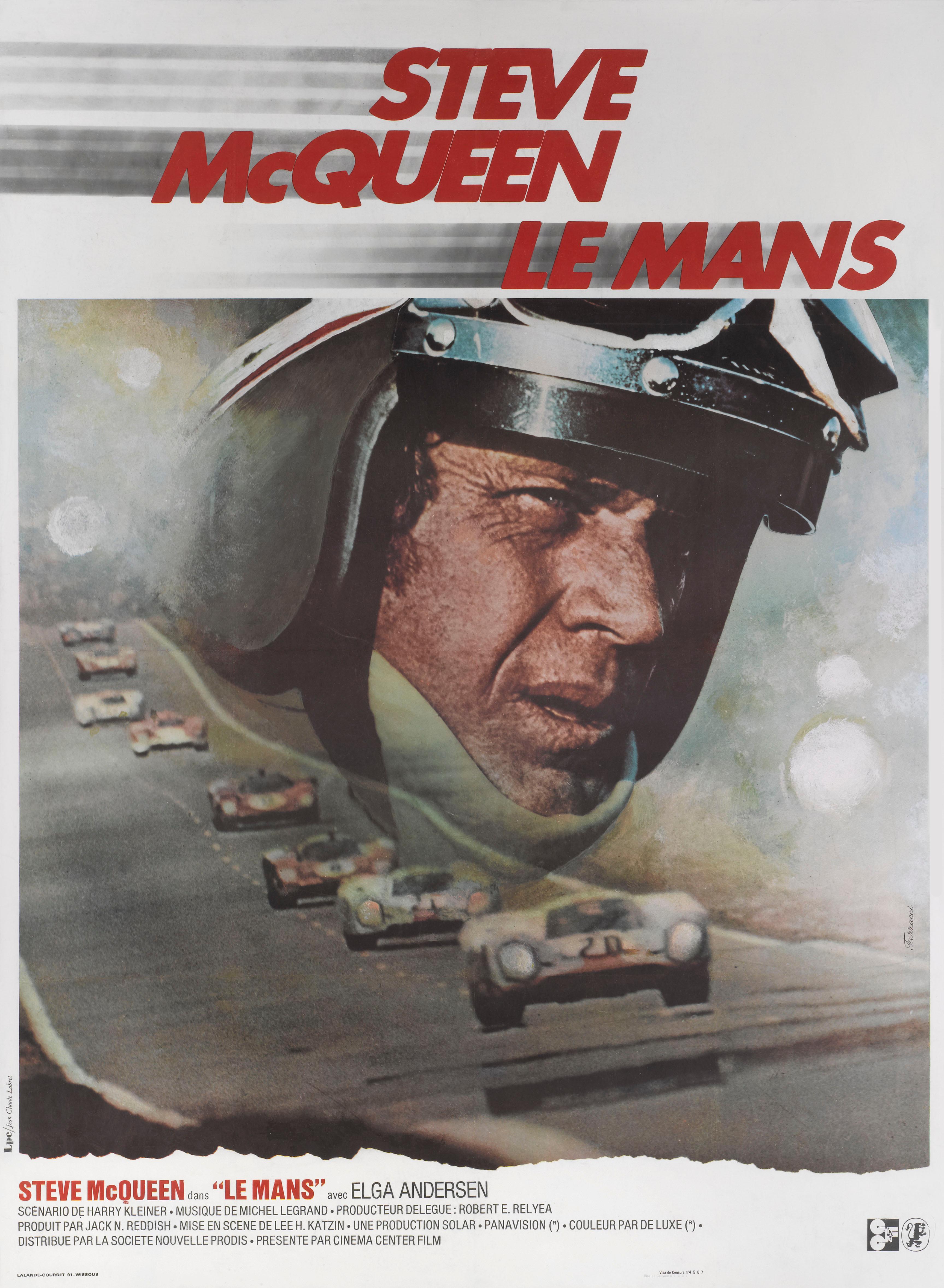 Original French film poster from the Classic 1971 Steve McQueen racing film. 
This film, directed by Lee H. Katzin, portrays the famous Le Mans 24 Hour endurance motor race, and stars Steve McQueen. It was shot on location at the Le Mans circuit