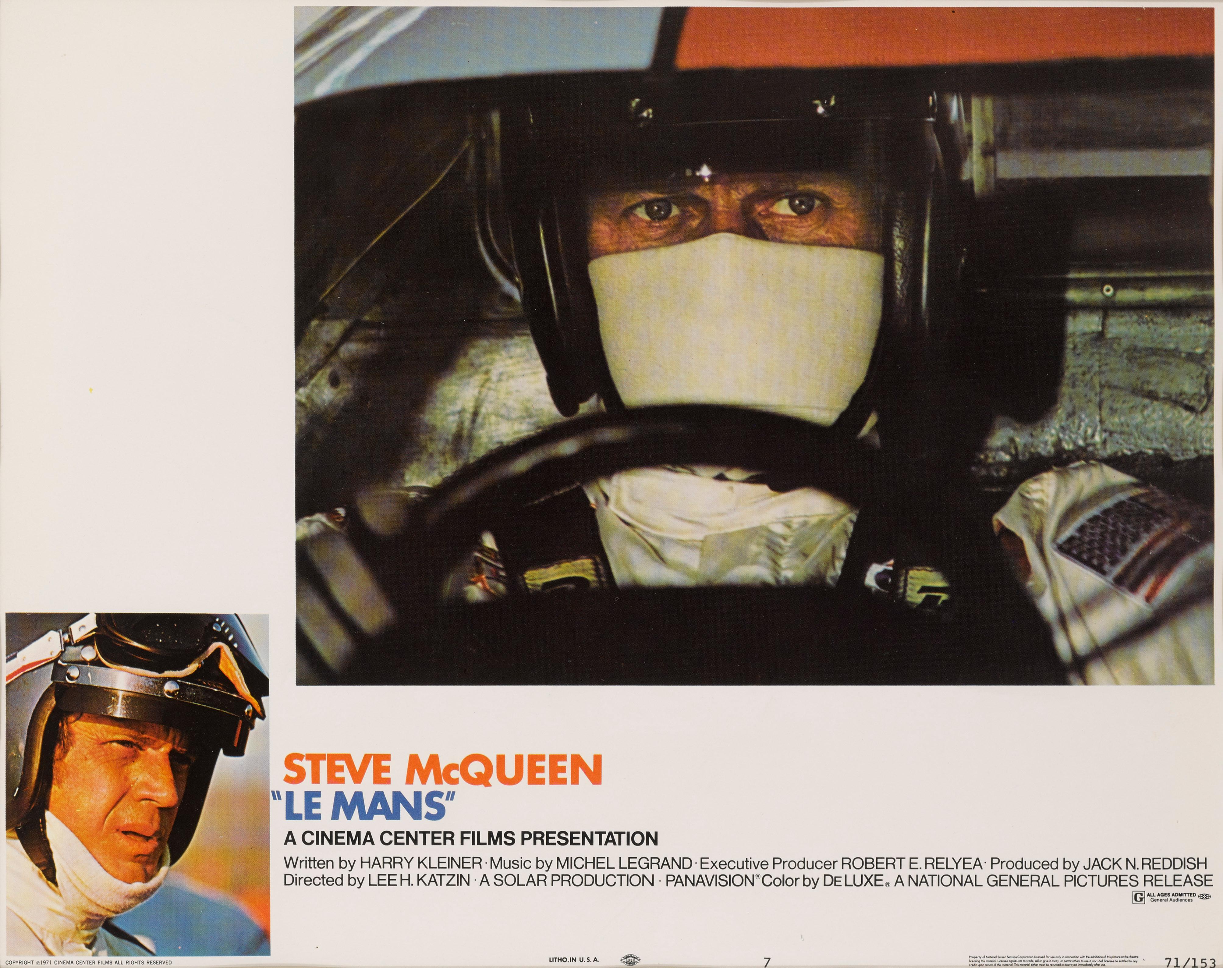 Original US Lobby card for Steve McQueen's 1971 film Le Mans. This card shows him driving the Porsche 908 K Flunder Spyder which was his personal car. This film, directed by Lee H. Katzin, portrays the famous Le Mans 24 Hour endurance motor race,