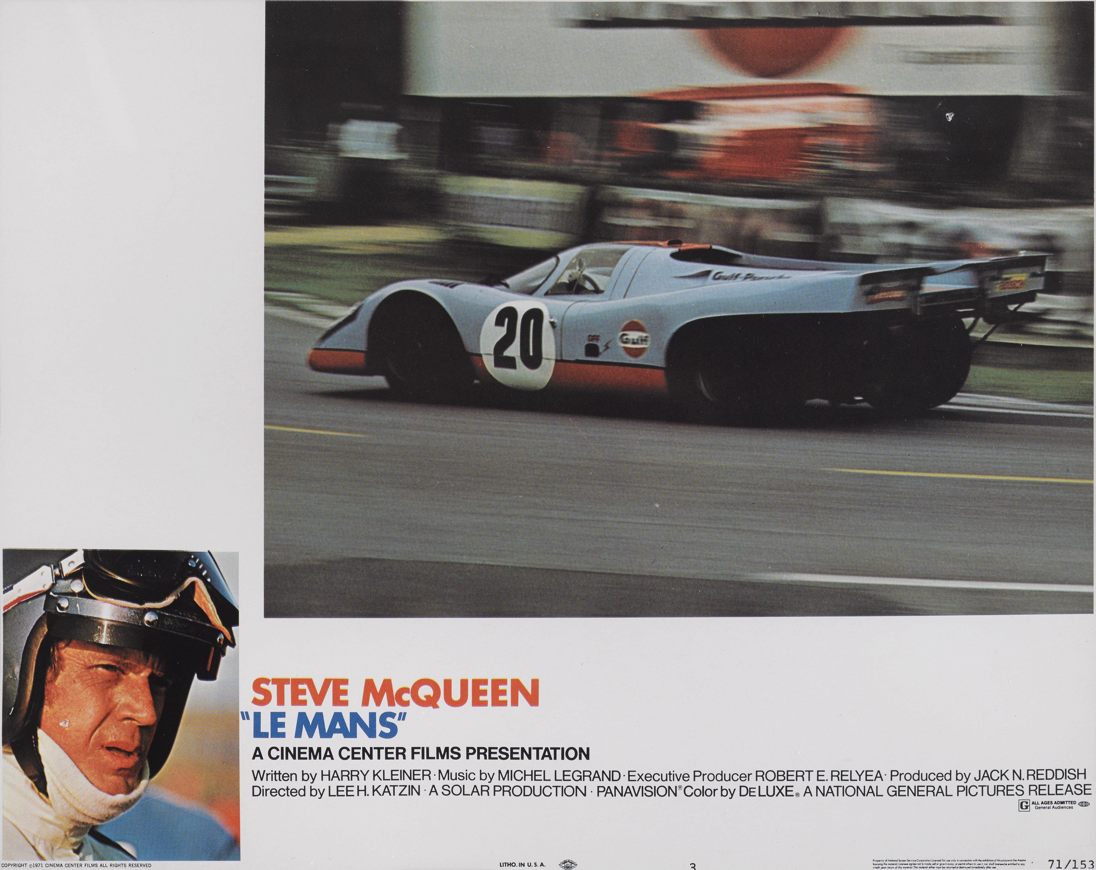 Original US Lobby card for Steve McQueen's 1971 film Le Mans. This card shows the Porsche 908 K Flunder Spyder which was his personal car. This film, directed by Lee H. Katzin, portrays the famous Le Mans 24 Hour endurance motor race, and stars