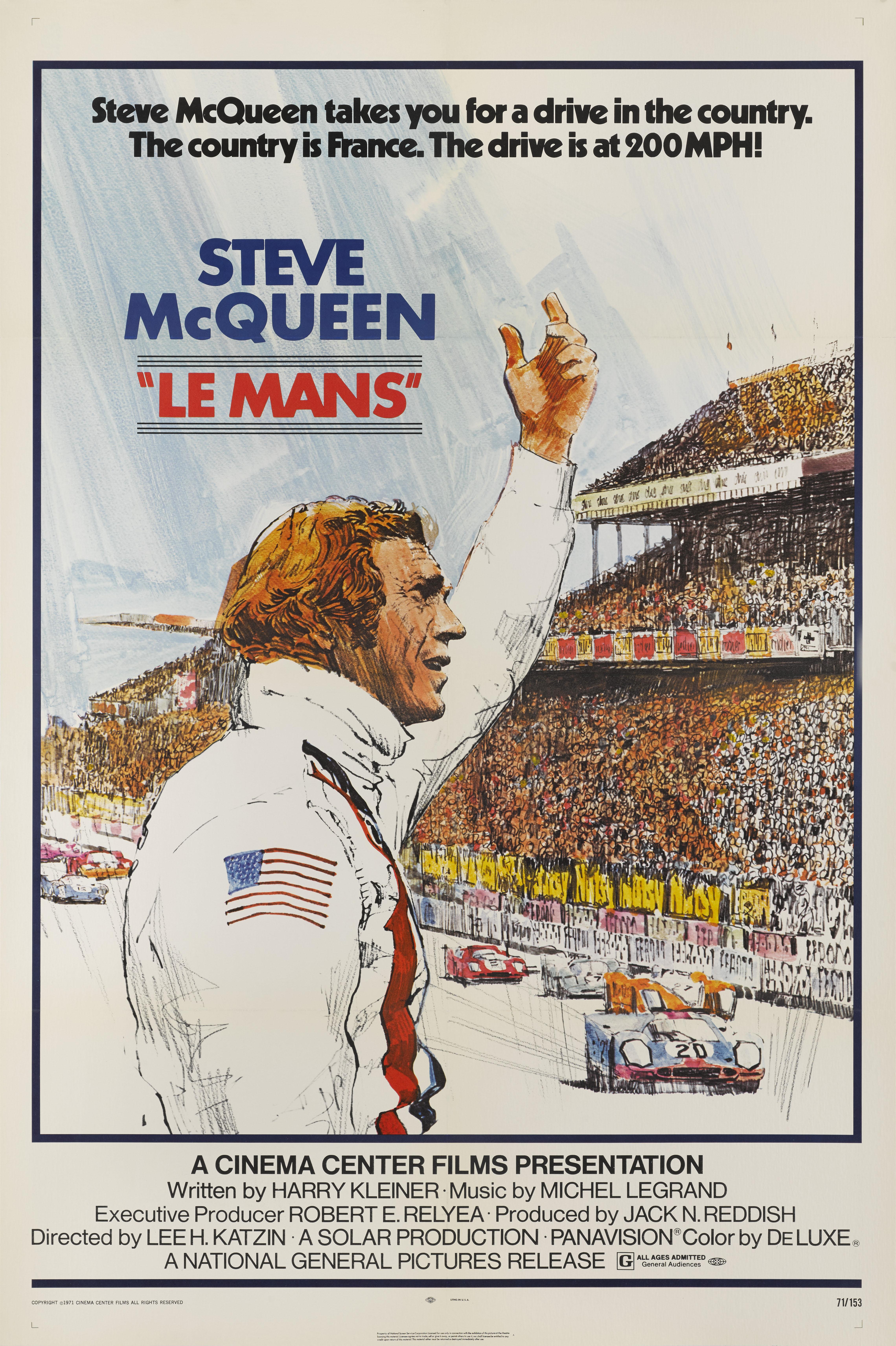 Original US film poster for Steve McQueen's Classic 1971 racing movie.
This film, directed by Lee H. Katzin, portrays the famous Le Mans 24 Hour endurance motor race, and stars Steve McQueen. It was shot on location at the Le Mans circuit between