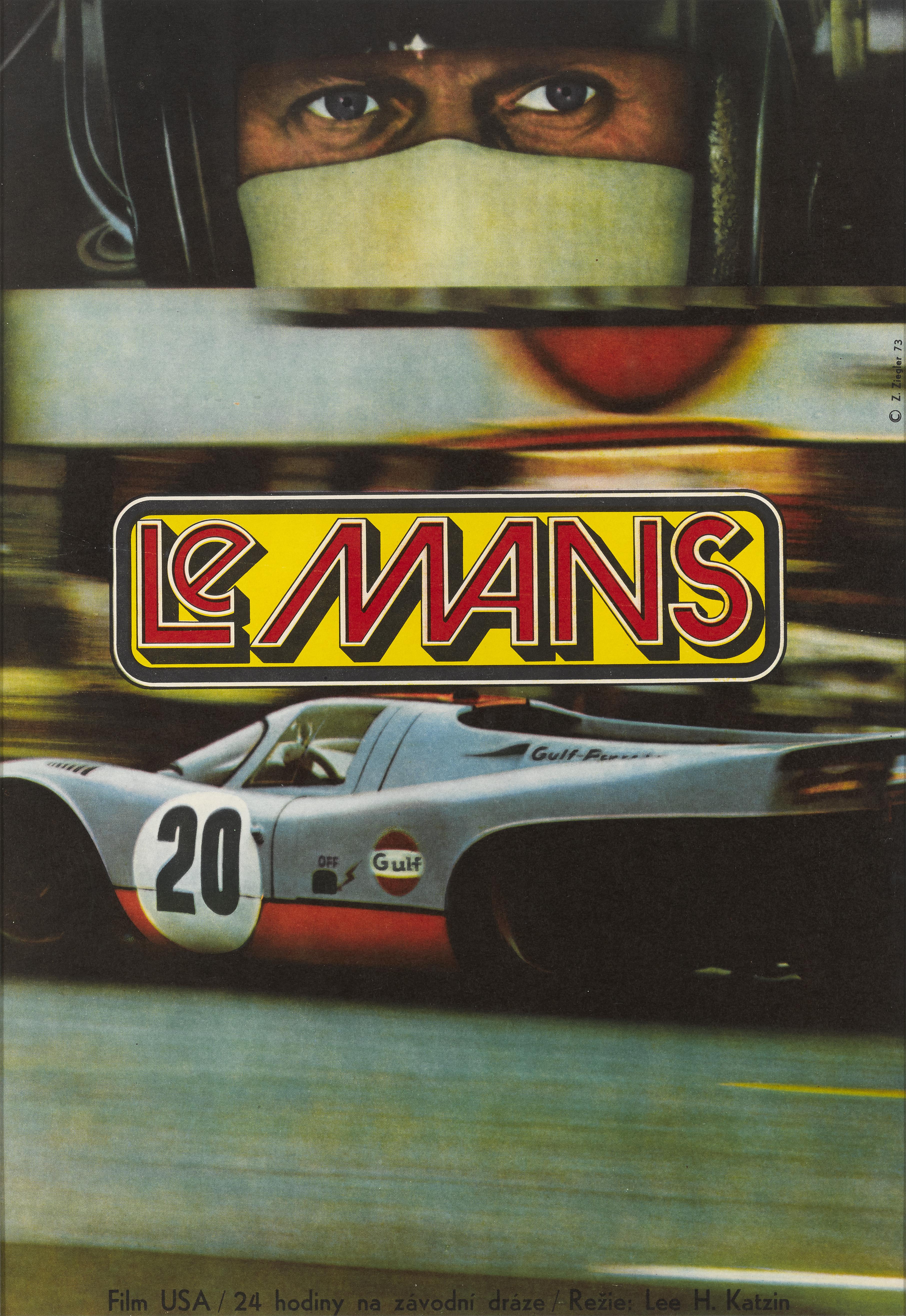 Originales tschechisches Filmplakat für den Film Le Mans von Steve McQueen aus dem Jahr 1971. 
Dieser Film unter der Regie von Lee H. Katzin porträtiert das berühmte 24-Stunden-Rennen von Le Mans mit Steve McQueen in der Hauptrolle. Er wurde
