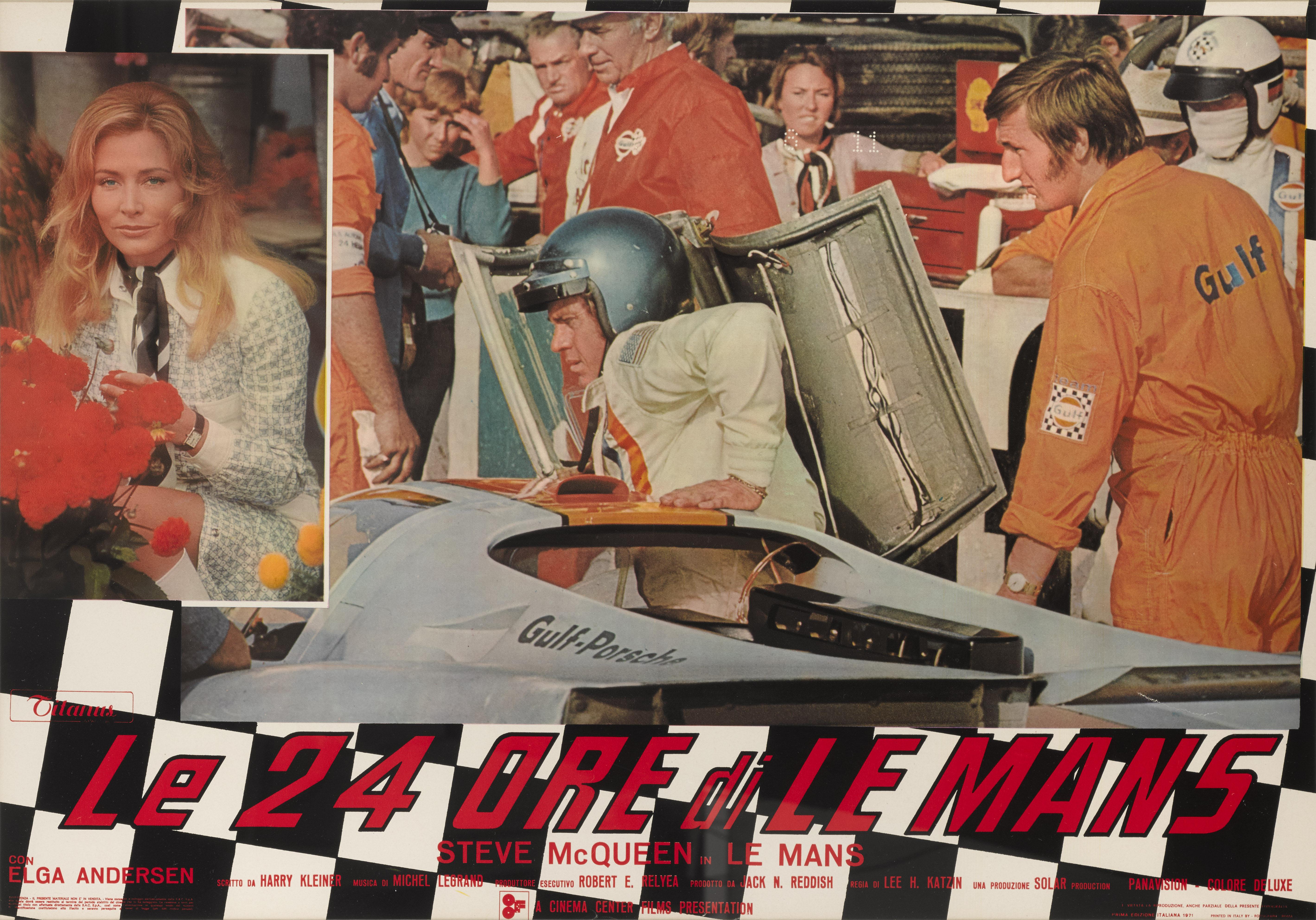 Affiche italienne originale du film Le Mans (1971) de Steve McQueen. Ce film, réalisé par Lee H. Katzin, dépeint la célèbre course automobile d'endurance des 24 heures du Mans, et met en vedette Steve McQueen. Il a été tourné sur le circuit du Mans