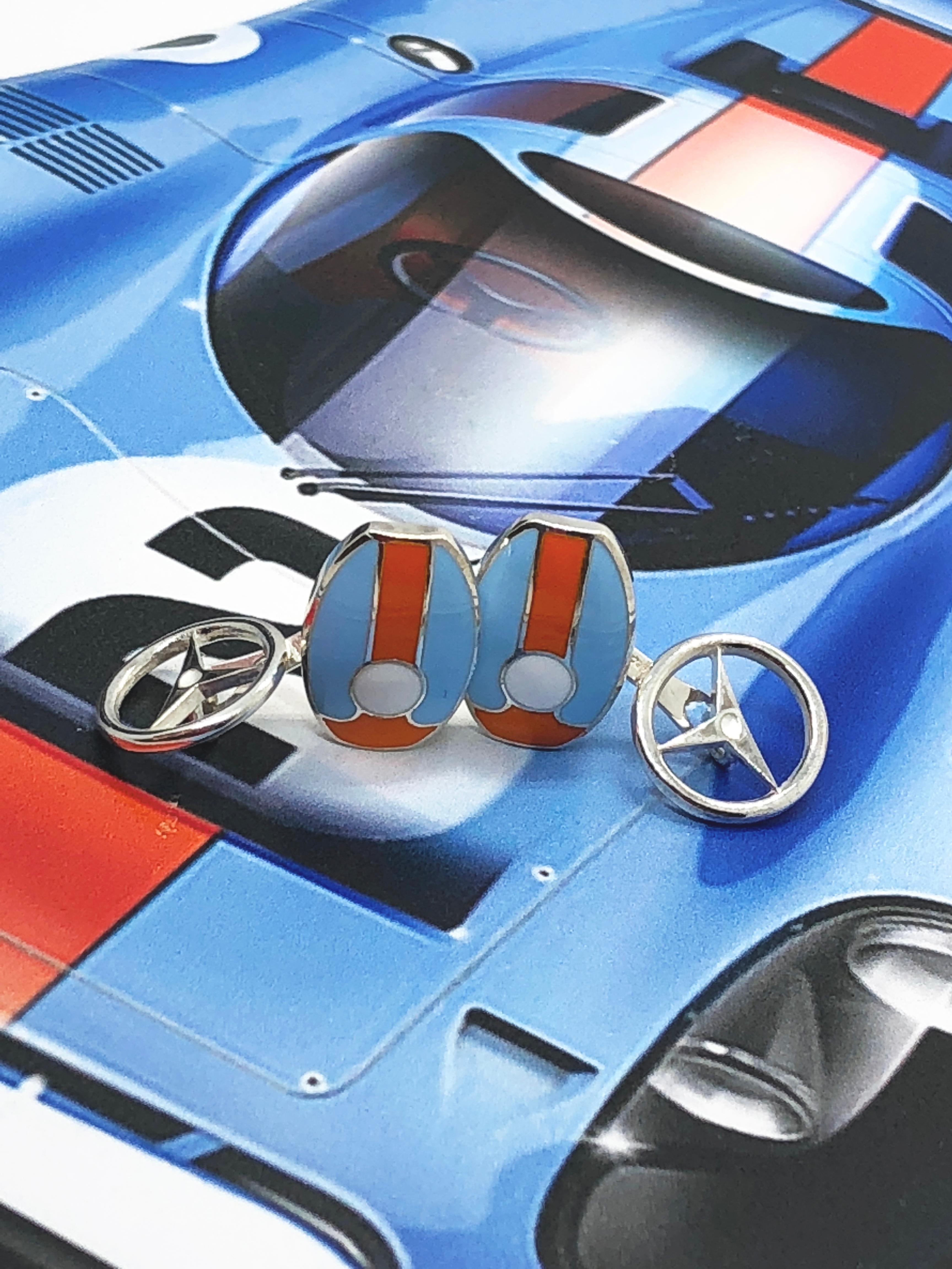 Berca Le Mans Race Gulf Colors Enameled Wheel Back Sterling Silver Cufflinks For Sale 3