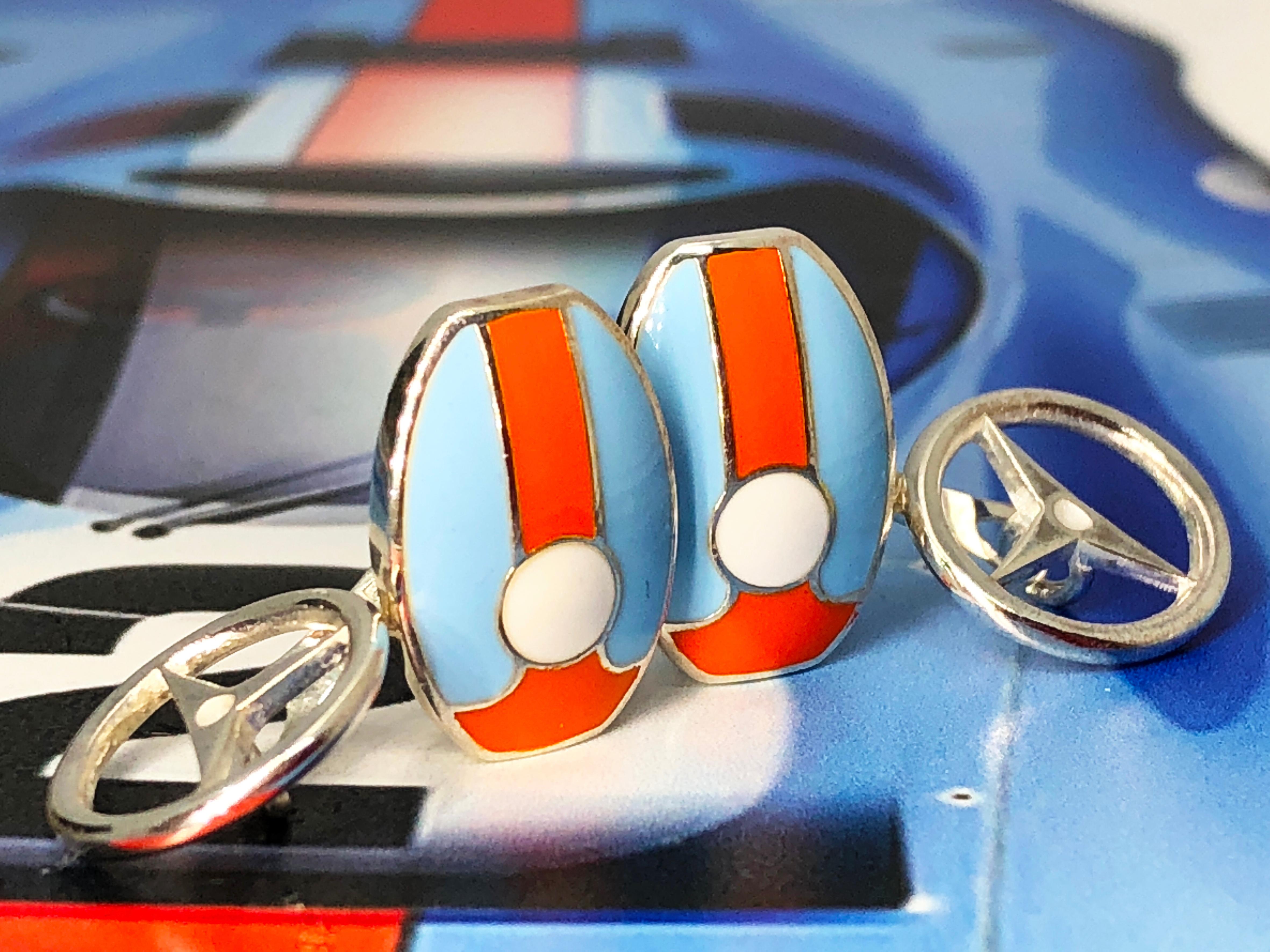 Berca Le Man Race Gulf Colors Hand Enameled Wheel Back Sterling Silver Cufflinks 4