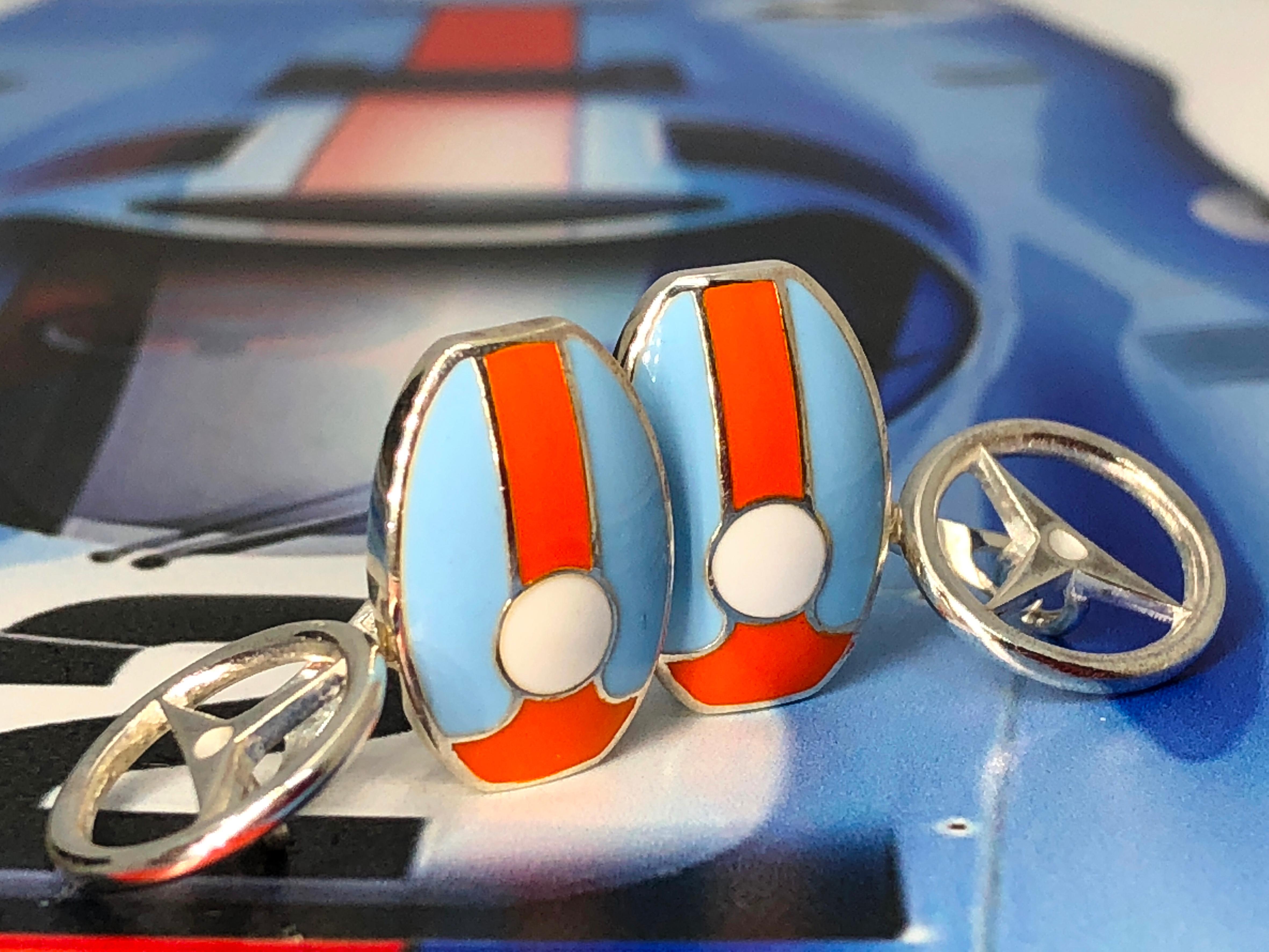 Berca Le Man Race Gulf Colors Hand Enameled Wheel Back Sterling Silver Cufflinks 5