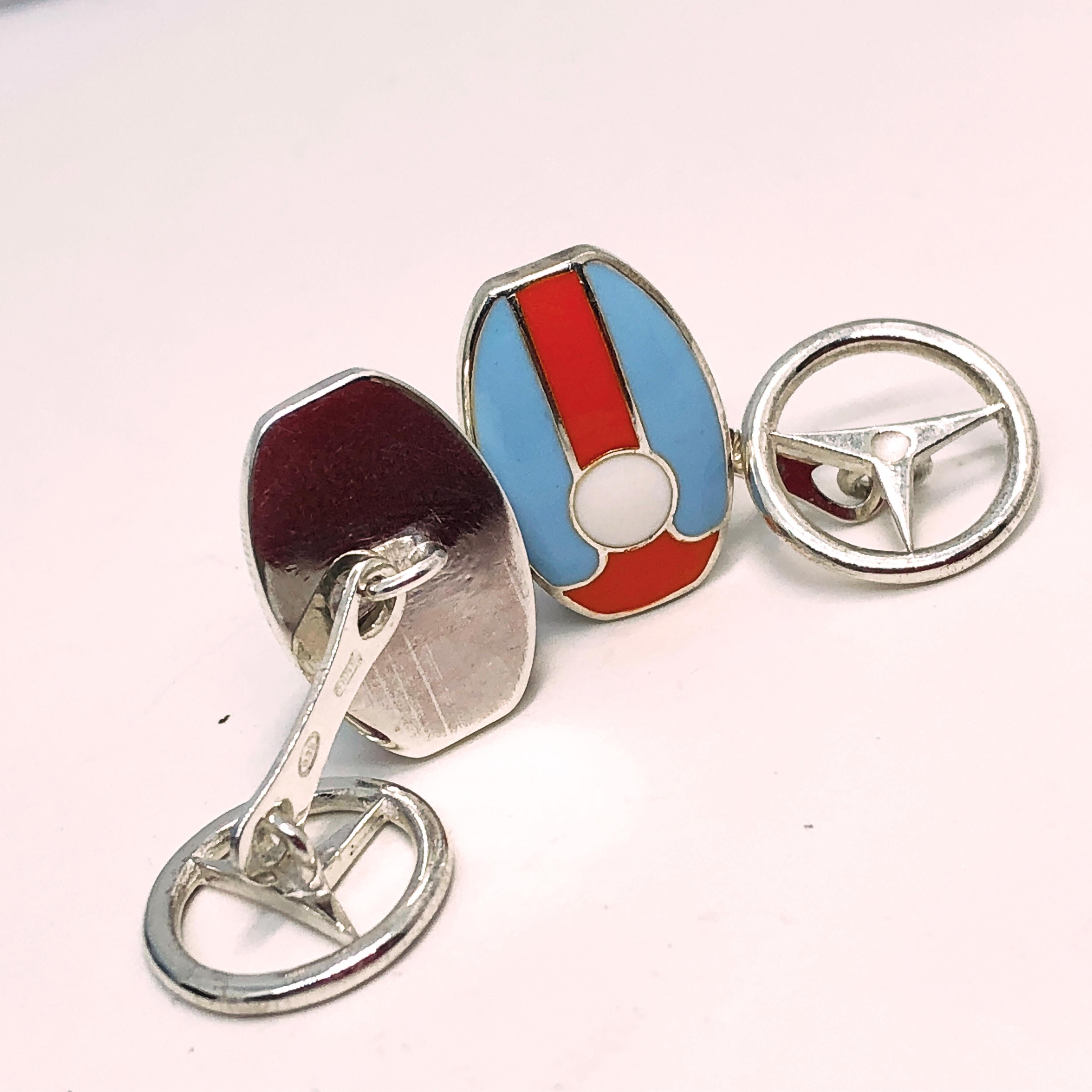 Mythical, Iconic Le Mans Race Orange Light Blue Gulf Colors Sterling Silver Cufflinks. 
A Classic Nardi Wheel Back complete this unique piece.
In our smart black box and pouch
