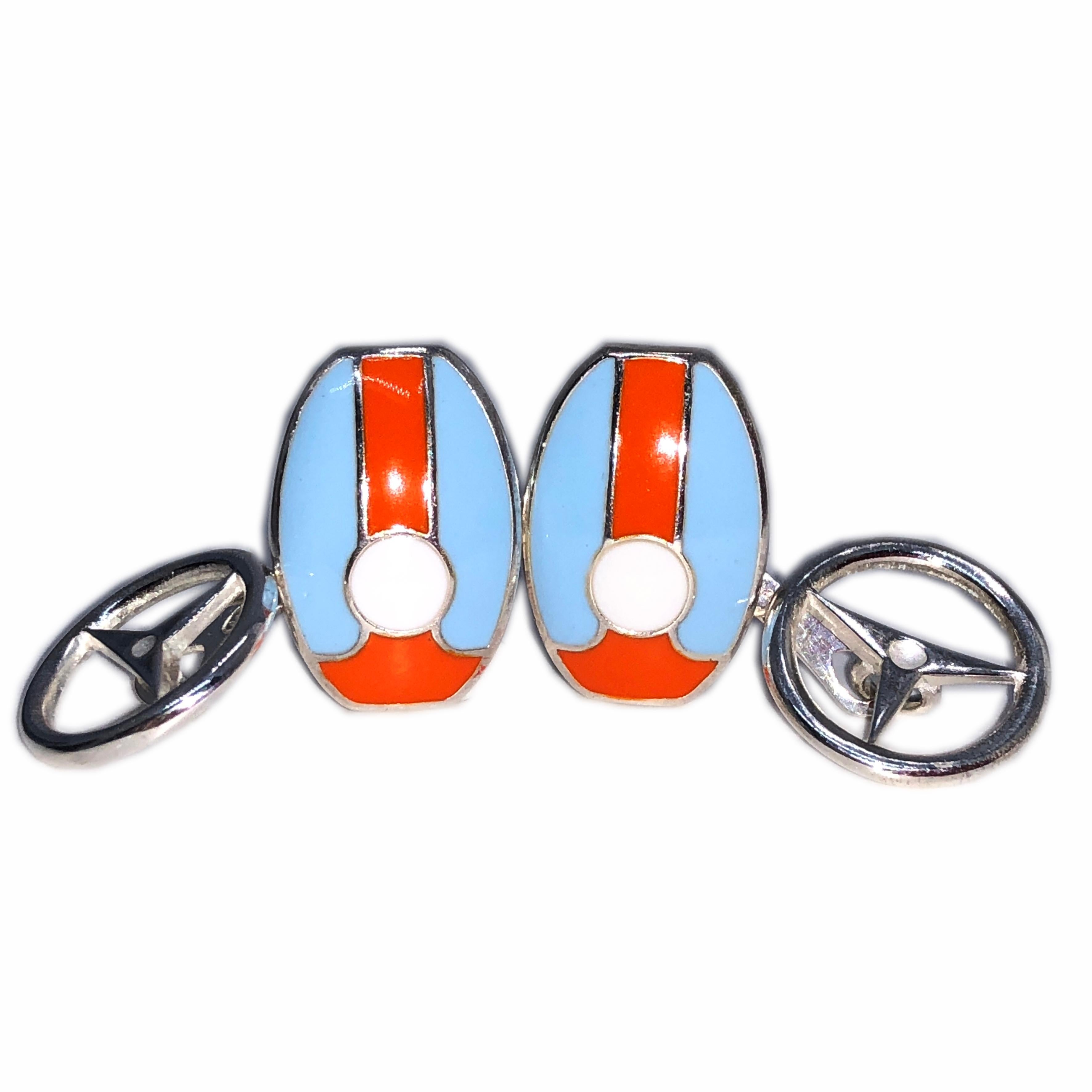 Contemporary Berca Le Mans Race Gulf Colors Enameled Wheel Back Sterling Silver Cufflinks For Sale