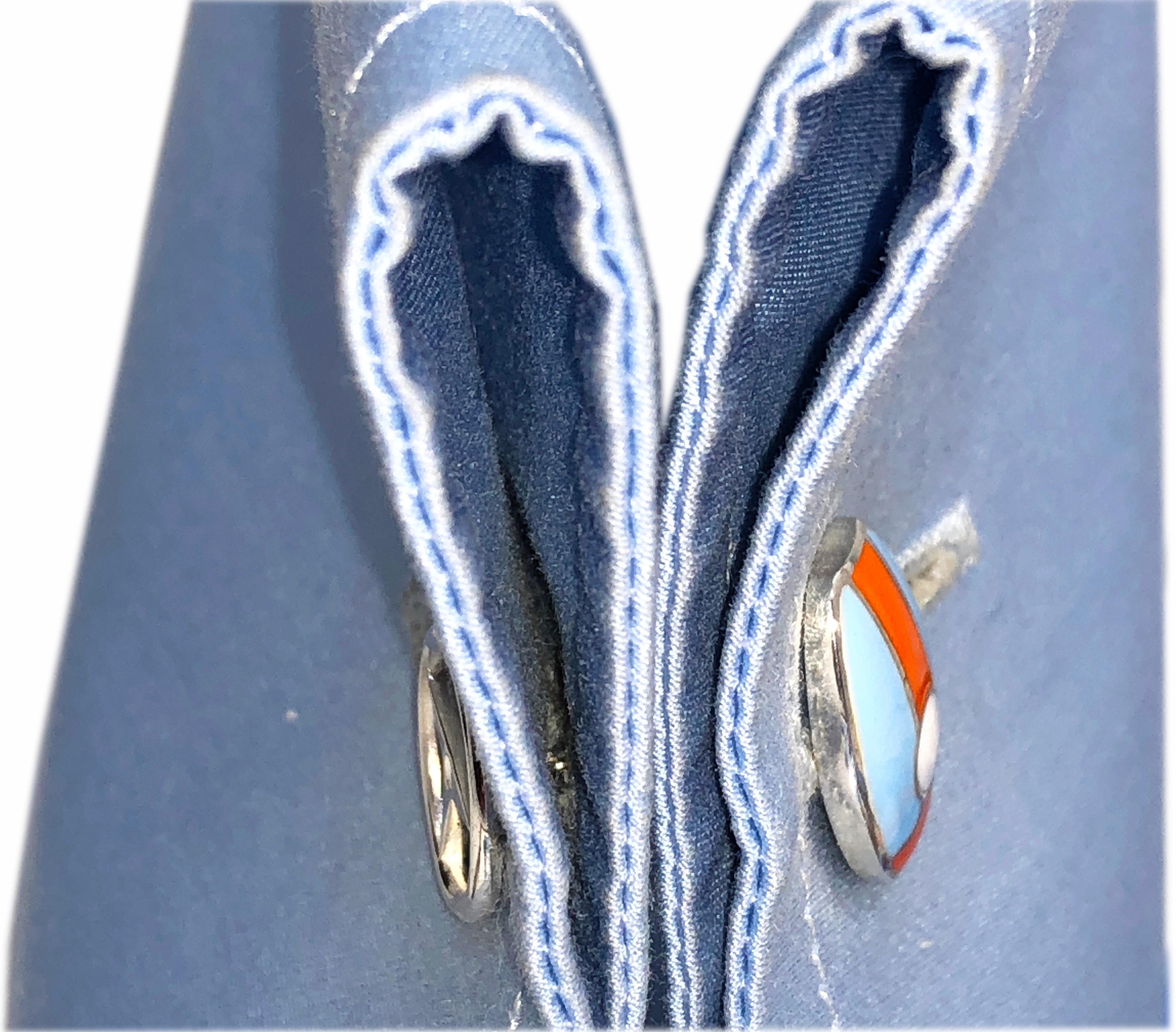Berca Le Man Race Gulf Colors Hand Enameled Wheel Back Sterling Silver Cufflinks In New Condition In Valenza, IT
