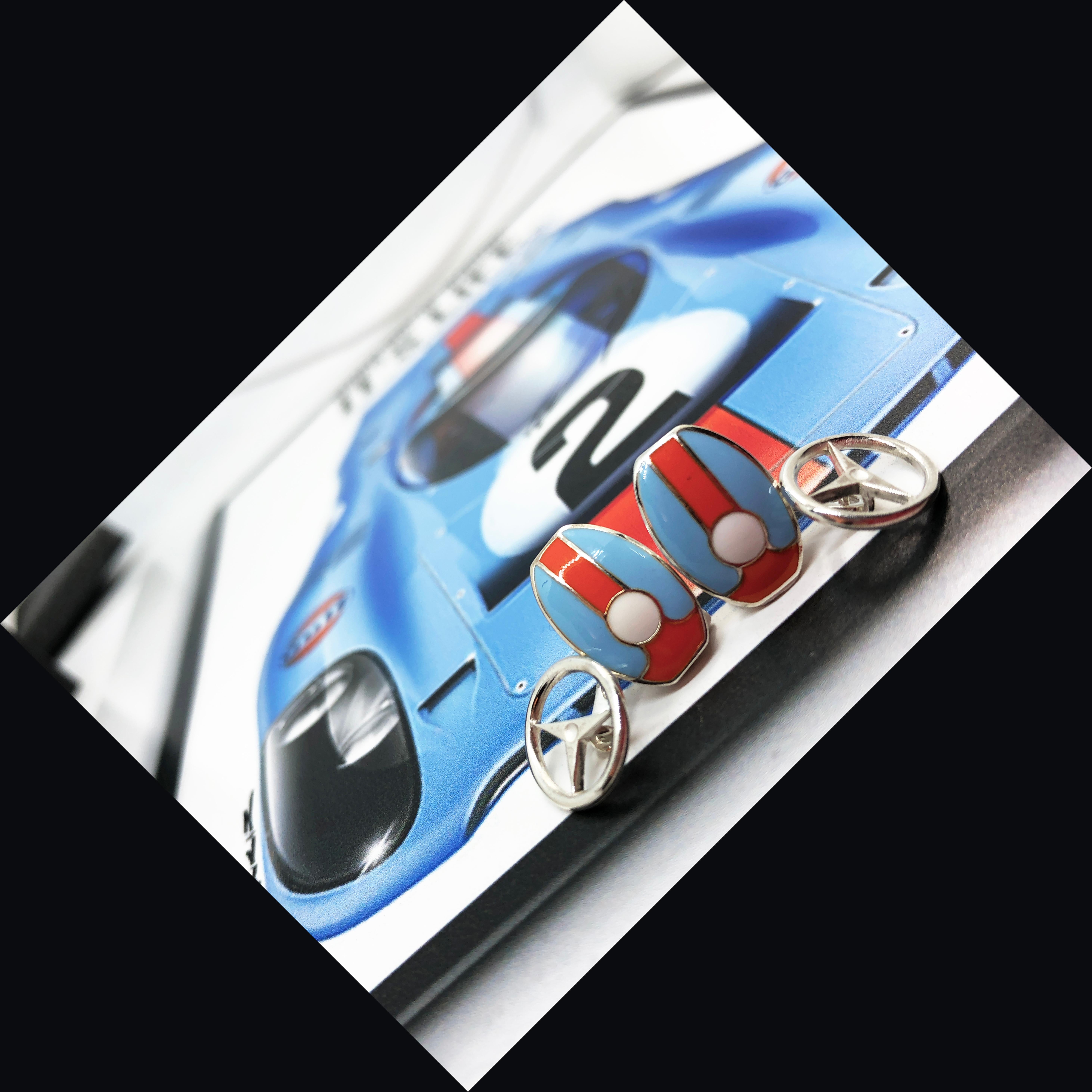 Men's Berca Le Man Race Gulf Colors Hand Enameled Wheel Back Sterling Silver Cufflinks