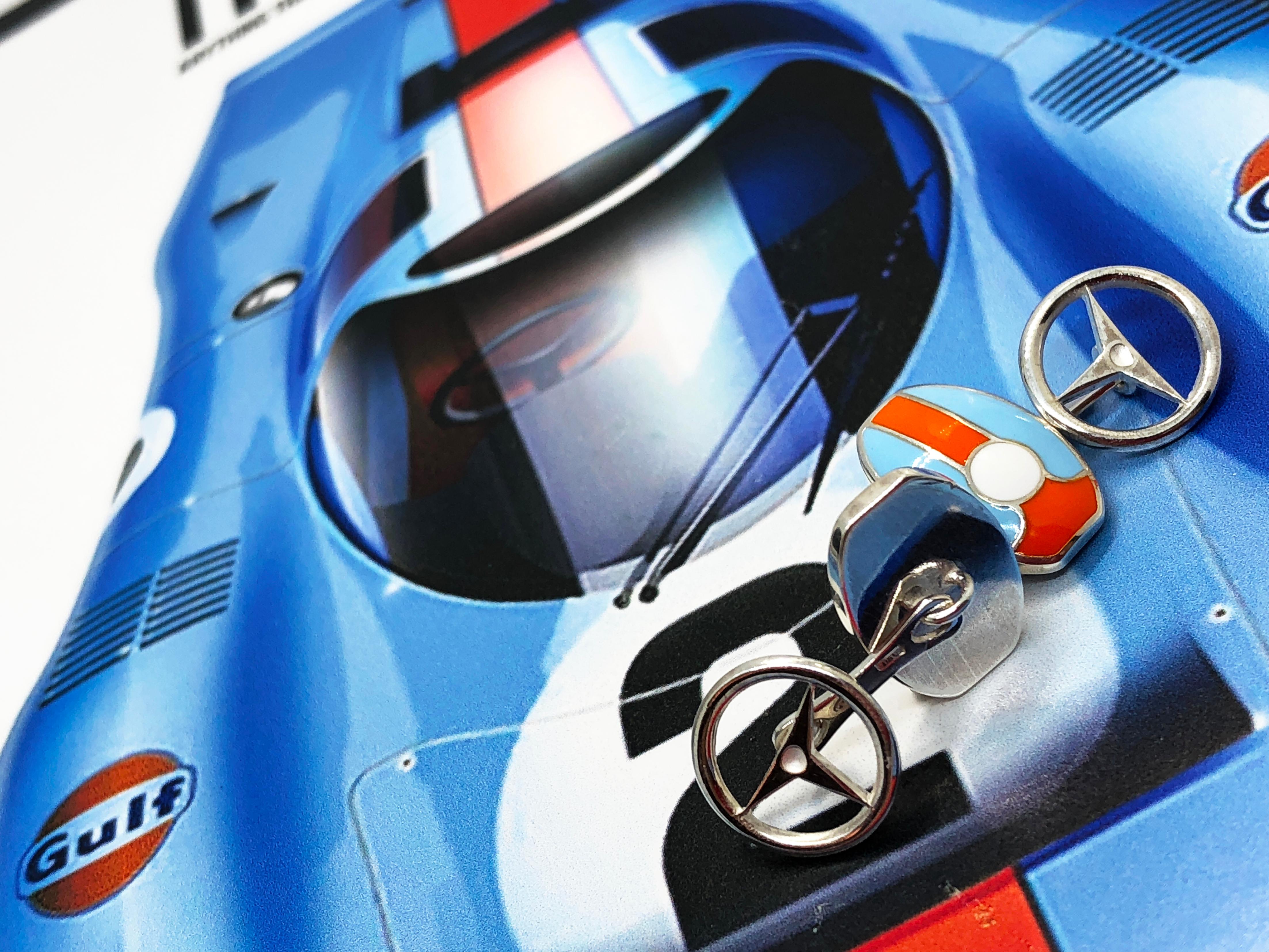 Berca Le Mans Race Gulf Colors Enameled Wheel Back Sterling Silver Cufflinks For Sale 1