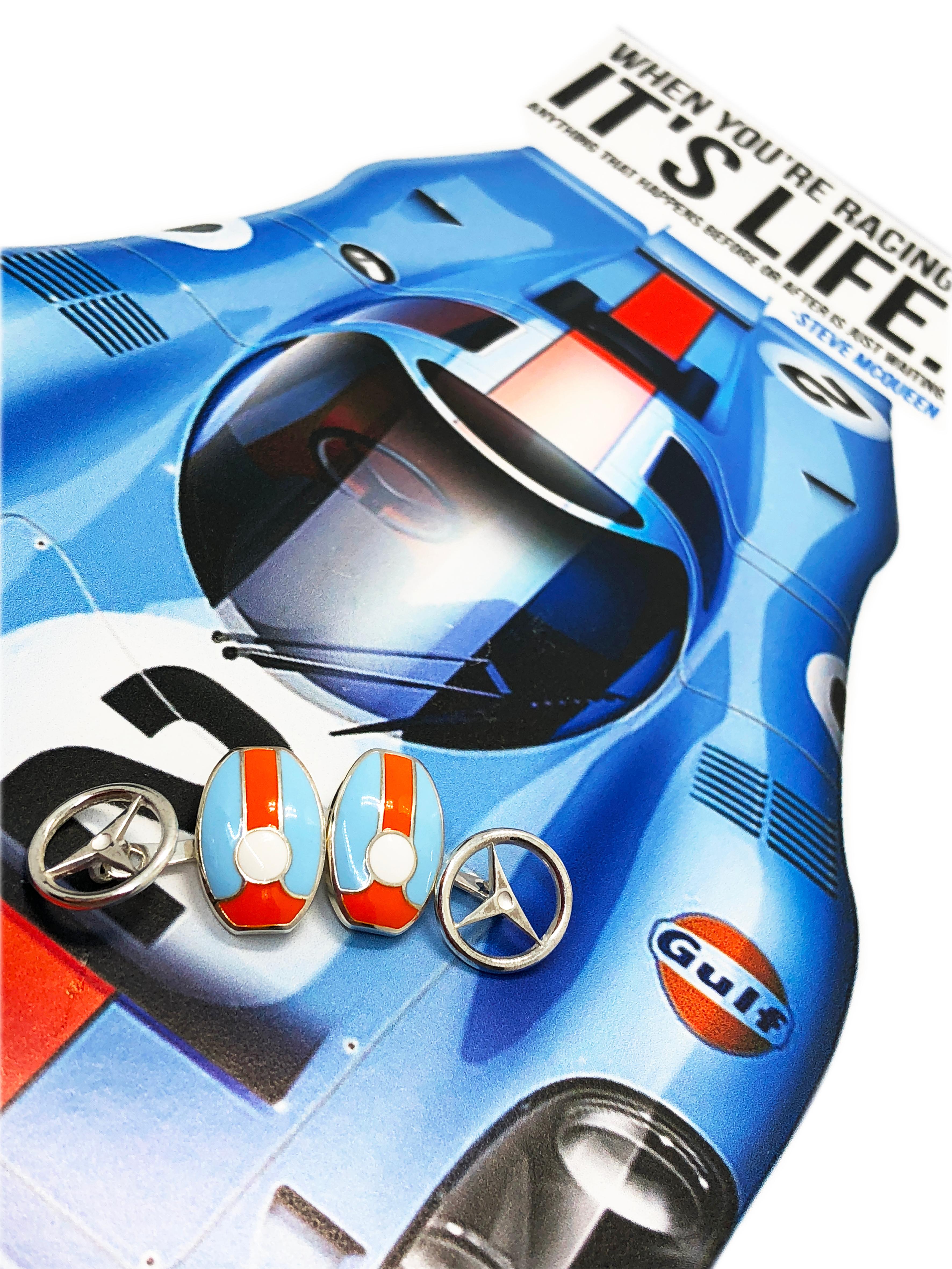 Berca Le Mans Race Gulf Colors Enameled Wheel Back Sterling Silver Cufflinks For Sale 2