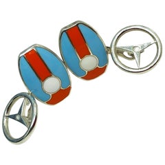 Berca Le Mans Race Gulf Colors Enameled Wheel Back Sterling Silver Cufflinks