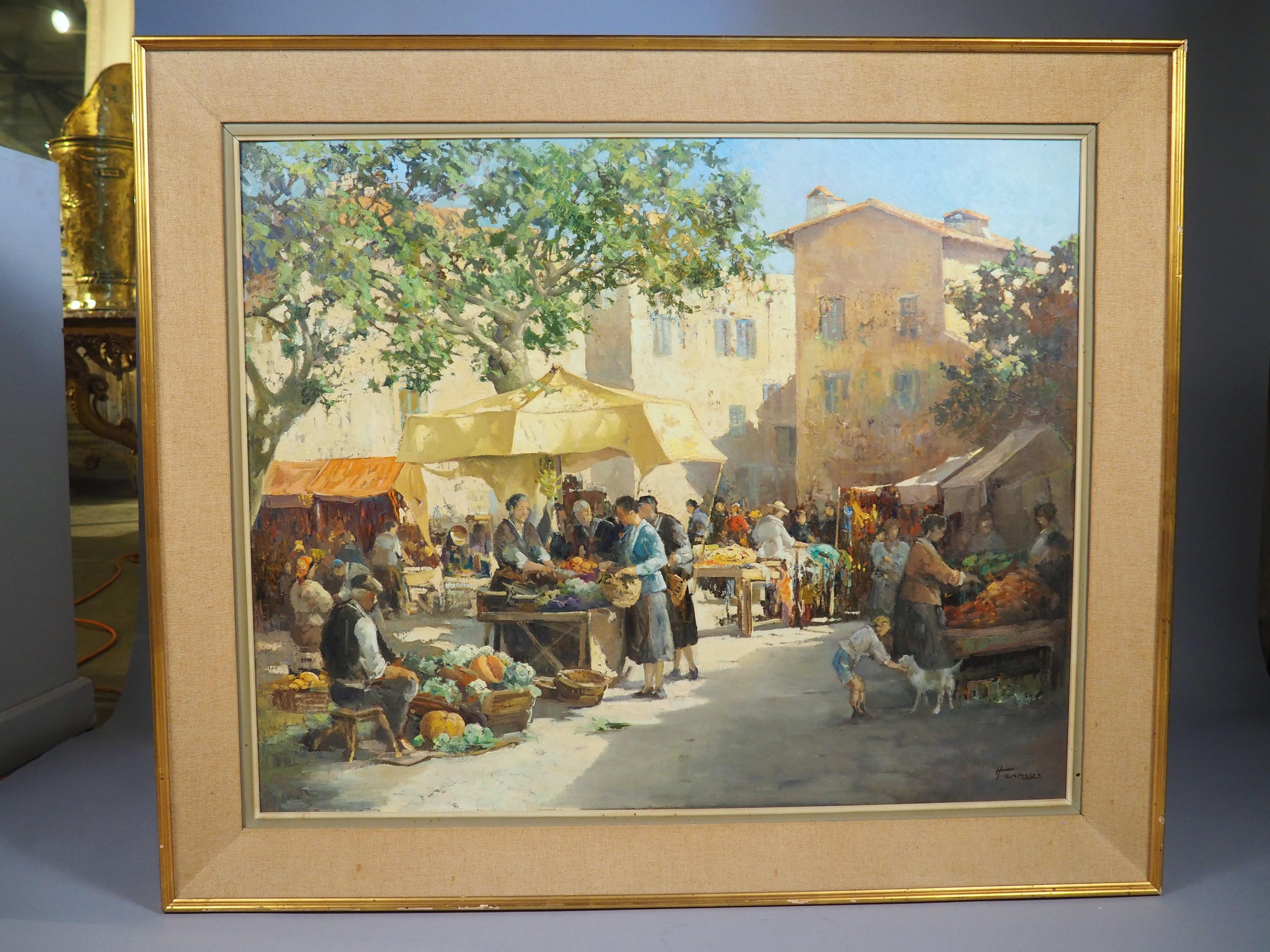 Le Marché d'Arles, Der Markt in Arles, Frankreich, Öl auf Leinwand Gemälde, 20. (Französisch) im Angebot