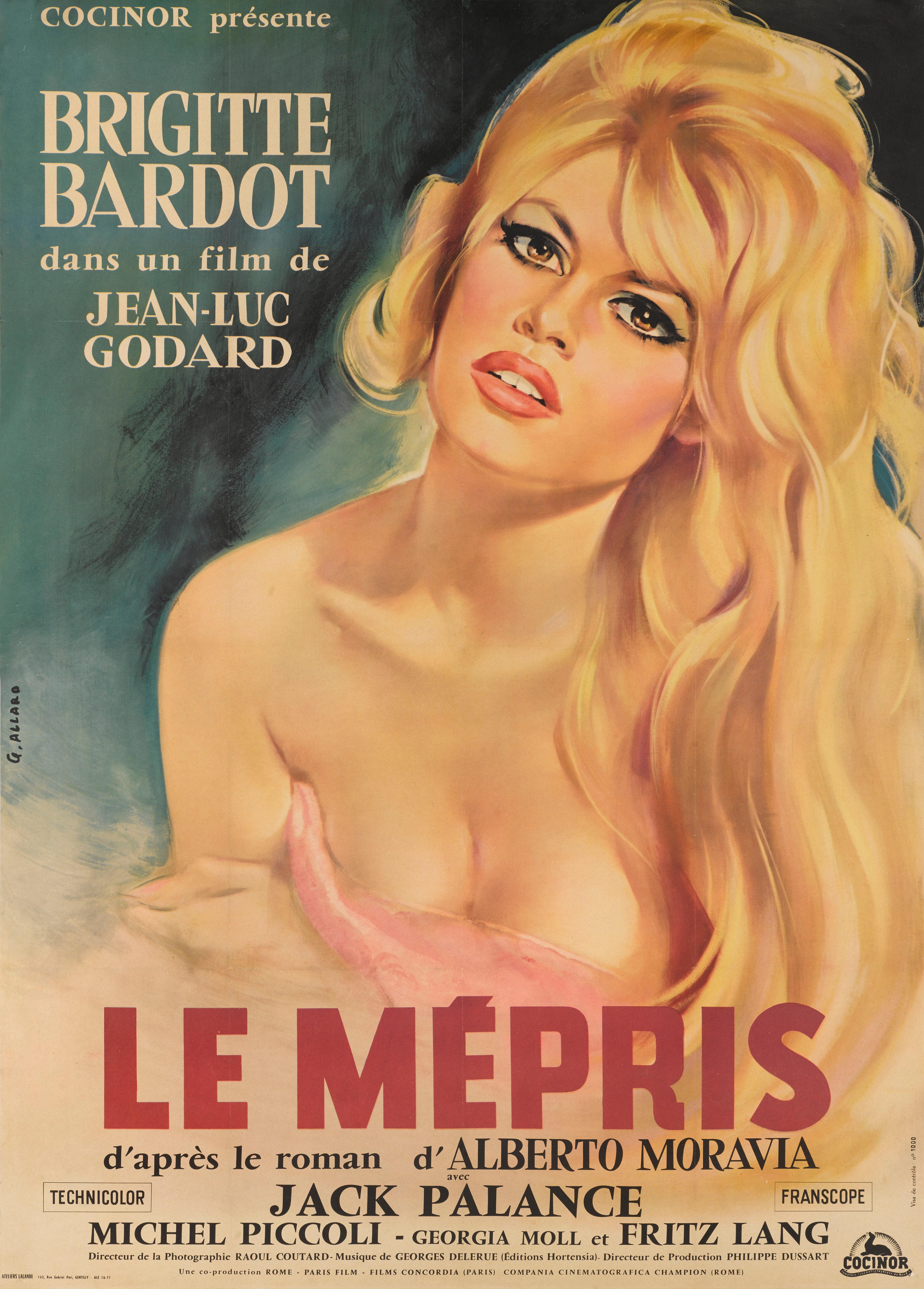 Original French movie poster for the 1963 French New Wave film directed by Jean-Luc Godard and staring Brigitte Bardot. The artwork is by the French artist Georges Allard.