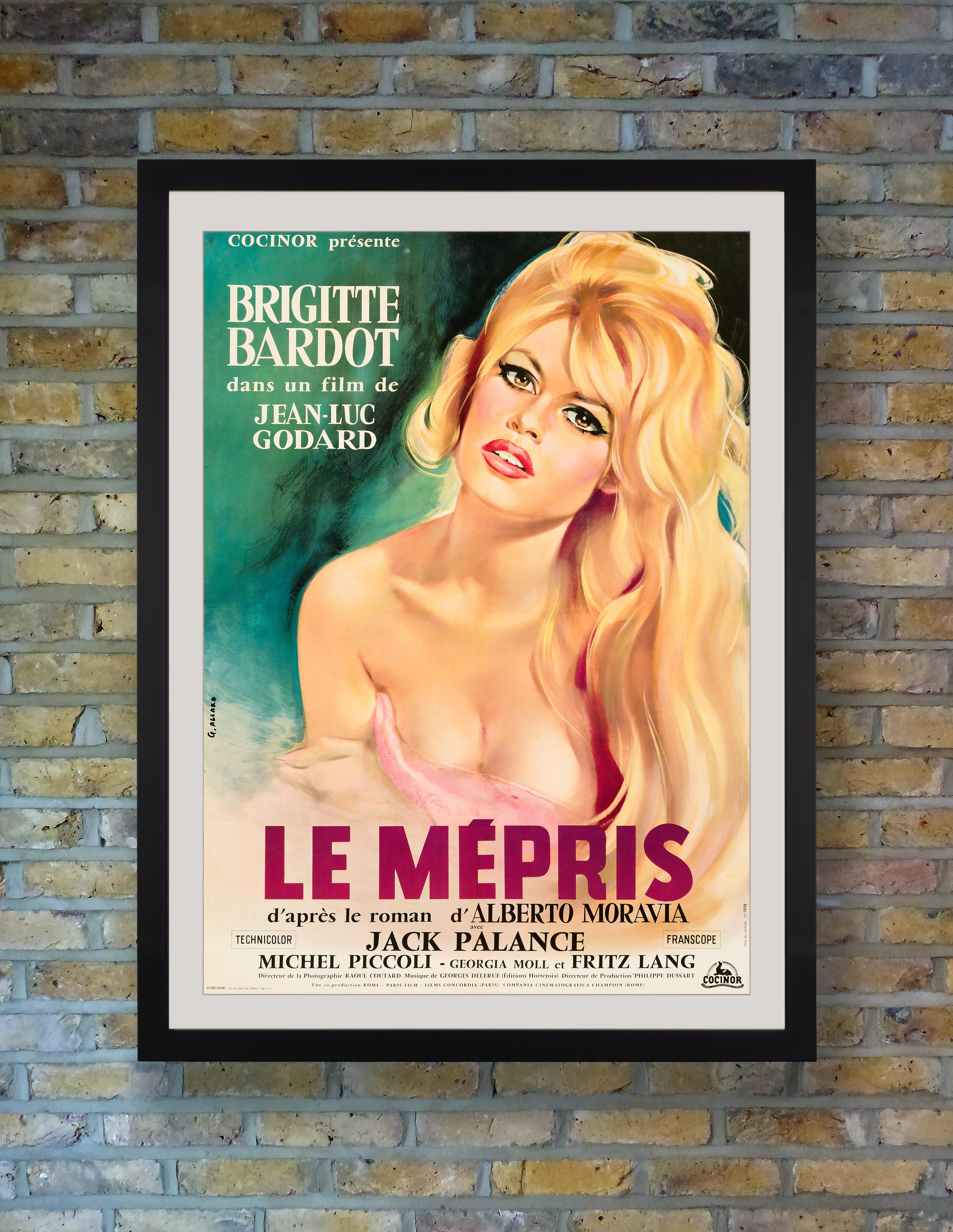 At the height of her fame, Brigitte Bardot is every inch the devastating screen siren on Georges Allard's sumptuous and sought after poster for the country of origin release of Jean-Luc Godard's masterful New Wave drama 'Le Mépris' (released in the