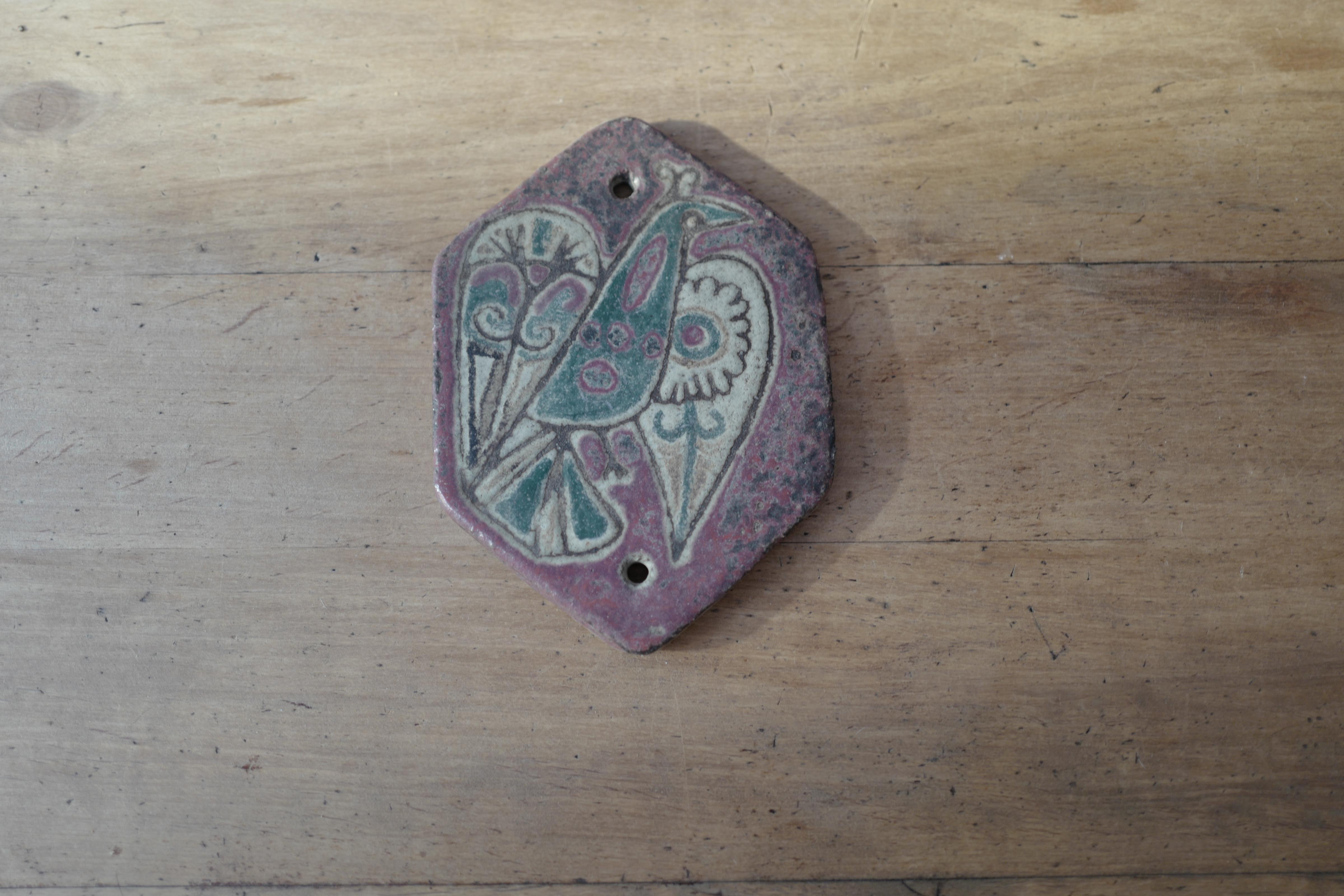 French Provincial Le Murier Vallauris Pink Ceramic Wall Art with Bird Design Handcrafted Unique For Sale