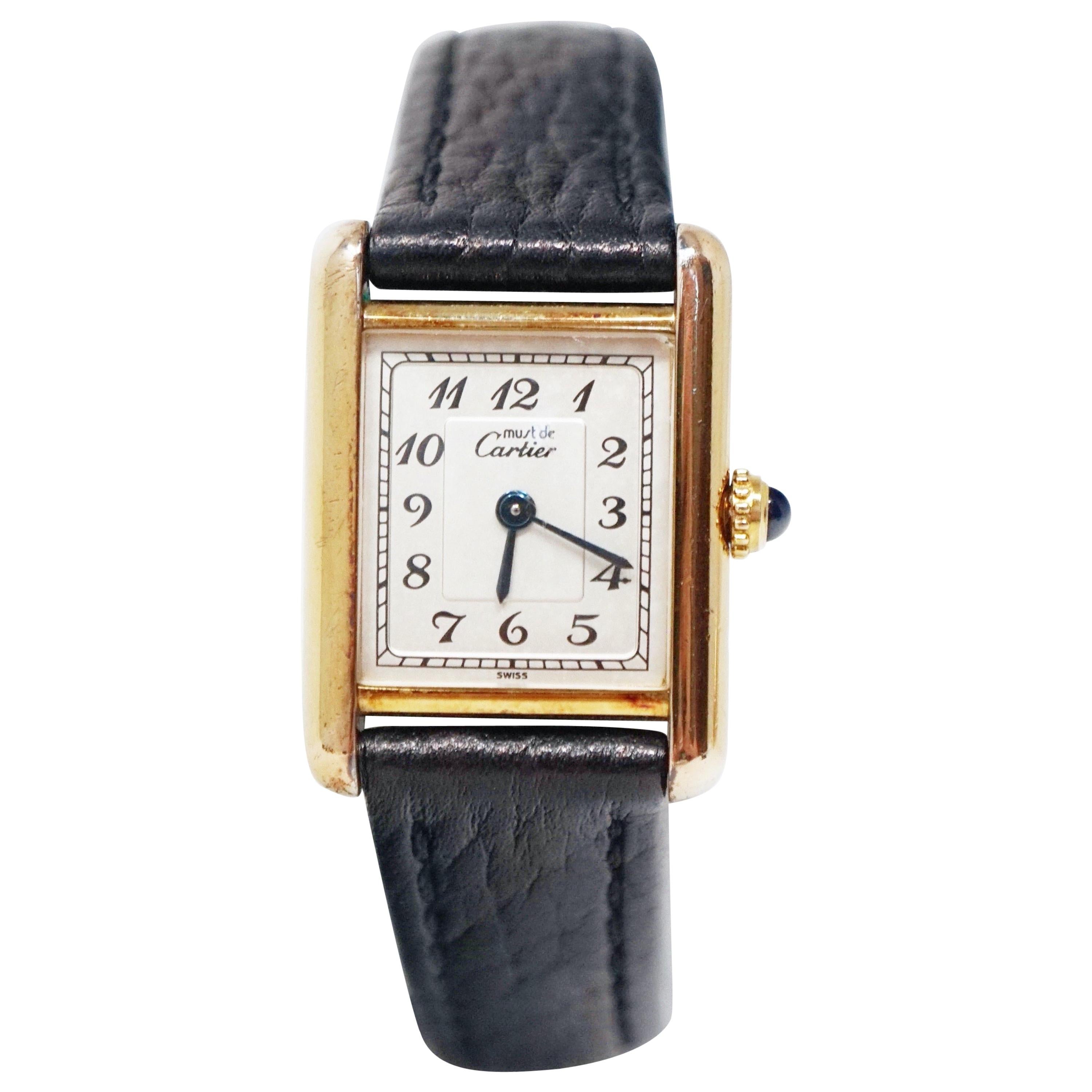 Le Must de Cartier Gold Vermeil Tank Watch with Leather Band