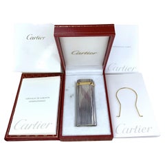 90s Le Must de Cartier Vintage Silver “Godron” Lighter, Sapphire Cabochon & Gold